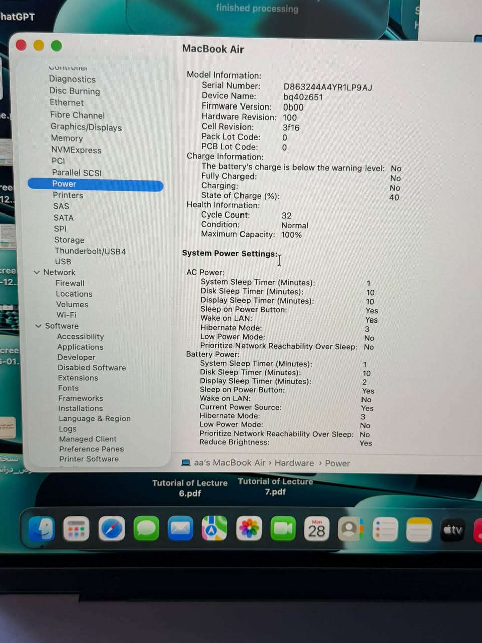 السلام عليكم 

MacBook Air m2

جميع المواصفات مذكوره بالصور مع بعض الخدوش الموضحه 
الكارتونه موجوده مع ملحقاتها
بغداد كراده مريم 
*********** 
السعر مليون و50

نص مكتوب في الصور:
- Baghdad 38° New Folder With Items Tutorial of Lecture 7.pdf WhatsApp MacBook Air 15-inch, M2, 2023 Chip Apple M2 Memory 8 GB Serial number GQDF7CYH4H macOS Tahoe 26.0.1 More Info... Regulatory Certification TM and © 1983-2025 Apple Inc. All Rights Reserved. MacBook Air Hardware Overview: Model Name: MacBook Air Model Identifier: Mac14,15 Model Number: Hardware ATA Apple Pay Audio
- MacBook Air Model Information: Serial Number: D863244A4YR1LP9AJ Device Name: bq40z651 Firmware Version: 0b00 Hardware Revision: 100 Cell Revision: 3f16 Pack Lot Code: 0 PCB Lot Code: 0 Charge Information: The battery's charge is below the warning level: No Fully Charged: No Charging: No State of Charge (%): 40 Health Information: Cycle Count: 32 Condition: Normal Maximum Capacity: 100% System Power Settings: AC Power: System Sleep Timer (Minutes): 1 Disk Sleep Timer (Minutes): 10 Display Sleep Timer (Minutes): 10 Sleep on Power Button: Yes Wake on LAN: Yes Hibernate Mode: 3 Low Power Mode: No Prioritize Network Reachability Over Sleep: No Battery Power: System Sleep Timer (Minutes): 1 Disk Sleep Timer (Minutes): 10 Display Sleep Timer (Minutes): 2 Sleep on Power Button: Yes Wake on LAN: No Current Power Source: Yes Hibernate Mode: 3 Low Power Mode: No Prioritize Network Reachability Over Sleep: No Reduce Brightness: Yes