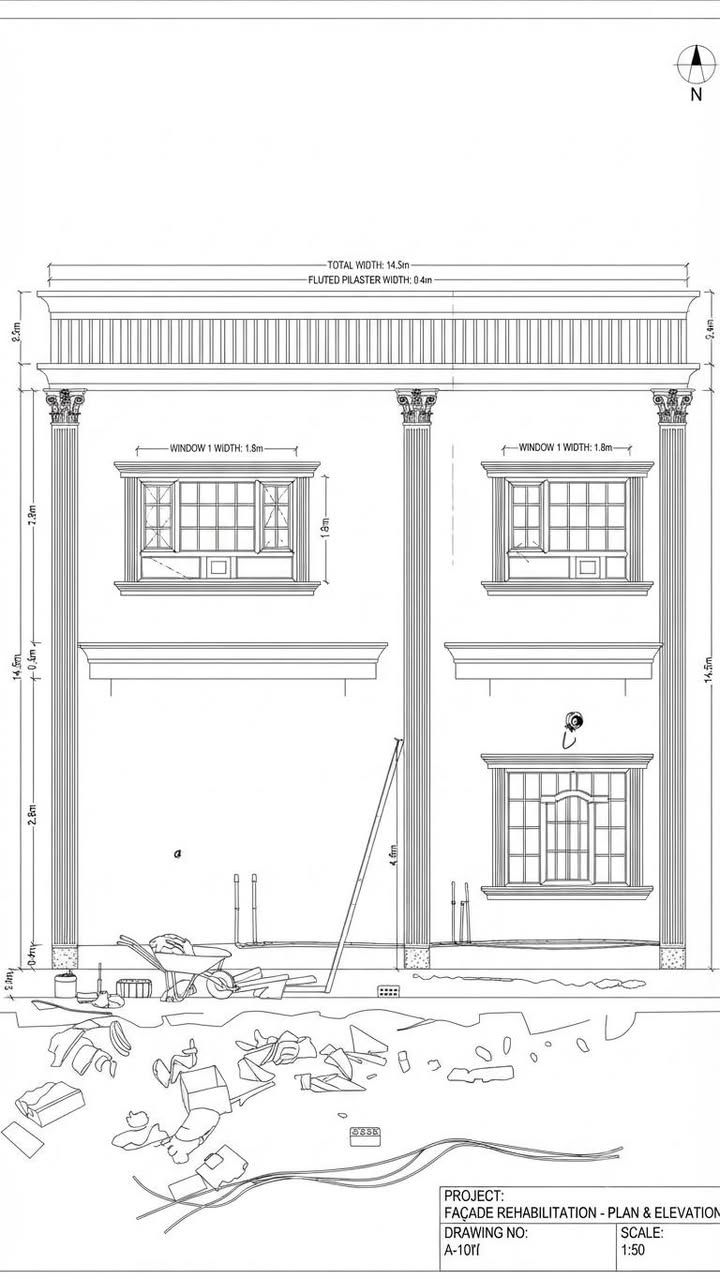 كادرنا مصري جاهزين لكافه اعمال الواجهات تصميم وتنفيذ. باحدث التصميمات العالميه بالذكاء الاصطناعي . نعمل في جميع محافظات العراق. ***********

نص مكتوب في الصور:
- N
- -TOTAL WIDTH: 14.5m-
- -FLUTED PILASTER WIDTH: 0.4m-
- -WINDOW 1 WIDTH: 1.8m-
- PROJECT:
- FAÇADE REHABILITATION - PLAN & ELEVATION
- DRAWING NO:
- A-101
- SCALE:
- 1:50