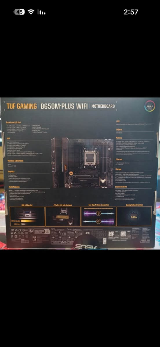السلام عليكم شباب مذربورد للبيع جديدة 
نظافة 100‎%‎ 
Asus tuf B650m-Plus Wife 
Ram:DDR5
Cpu : AMD 
للتواصل :***********
