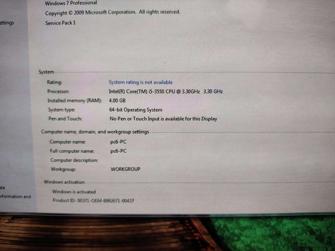 السلام عليكم 
حاسبات لعب 
نوع شاشة DELL
والكيس hp
كلشي موضح بالصورة 
العدد 12 حاسبة كاملة مع ups وكافة الغراض
السعر مليون وربع وبيها مجال 
***********
***********
المكان بغداد حي الجهاد سريع حي العامل  قرب مسبح الرافدين

نص مكتوب في الصور:
- Manager settings protection ed system settings Windows edition Windows 7 Professional Copyright c 2009 Microsoft Corporation. All rights reserved. Service Pack 1 System Rating: System rating is not available Processor: Intel(R) Core(TM) i5-2500 CPU @ 3.30GHz 3.30 GHz Installed memory (RAM): 4.00 GB System type: 64-bit Operating System Pen and Touch: No Pen or Touch Input is available for this Display Computer name, domain, and workgroup settings Computer name: pc1-PC Full computer name: pc1-PC Computer description: Workgroup: WORKGROUP Windows activation Windows is activated Product ID: 00371-OEM-8992671-00437
- Control Panel Home Device Manager Remote settings System protection Advanced system settings View basic information about your computer Windows edition Windows 7 Ultimate Copyright c 2009 Microsoft Corporation. All rights reserved. Service Pack 1 System Rating: 3.5 Your Windows Experience Index needs to be refreshed Processor: Intel(R) Core(TM) i3-2120 CPU @ 3.30GHz 3.30 GHz Installed memory (RAM): 8.00 GB (3.24 GB usable) System type: 32-bit Operating System Pen and Touch: No Pen or Touch Input is available for this Display Computer name, domain, and workgroup settings Computer name: pubg7-PC Full computer name: pubg7-PC Computer description: Workgroup: WORKGROUP See also Action Center Windows Update Performance Information and Tools
- Windows 7 Professional Copyright © 2009 Microsoft Corporation. All rights reserved. Service Pack 1 System Rating: System rating is not available Processor: Intel(R) Core(TM) i5-3550 CPU @ 3.30GHz 3.30 GHz Installed memory (RAM): 4.00 GB System type: 64-bit Operating System Pen and Touch: No Pen or Touch Input is available for this Display Computer name, domain, and workgroup settings Computer name: pc6-PC Full computer name: pc6-PC Computer description: Workgroup: WORKGROUP Windows activation Windows is activated Product ID: 00371-OEM-8992671-00437
