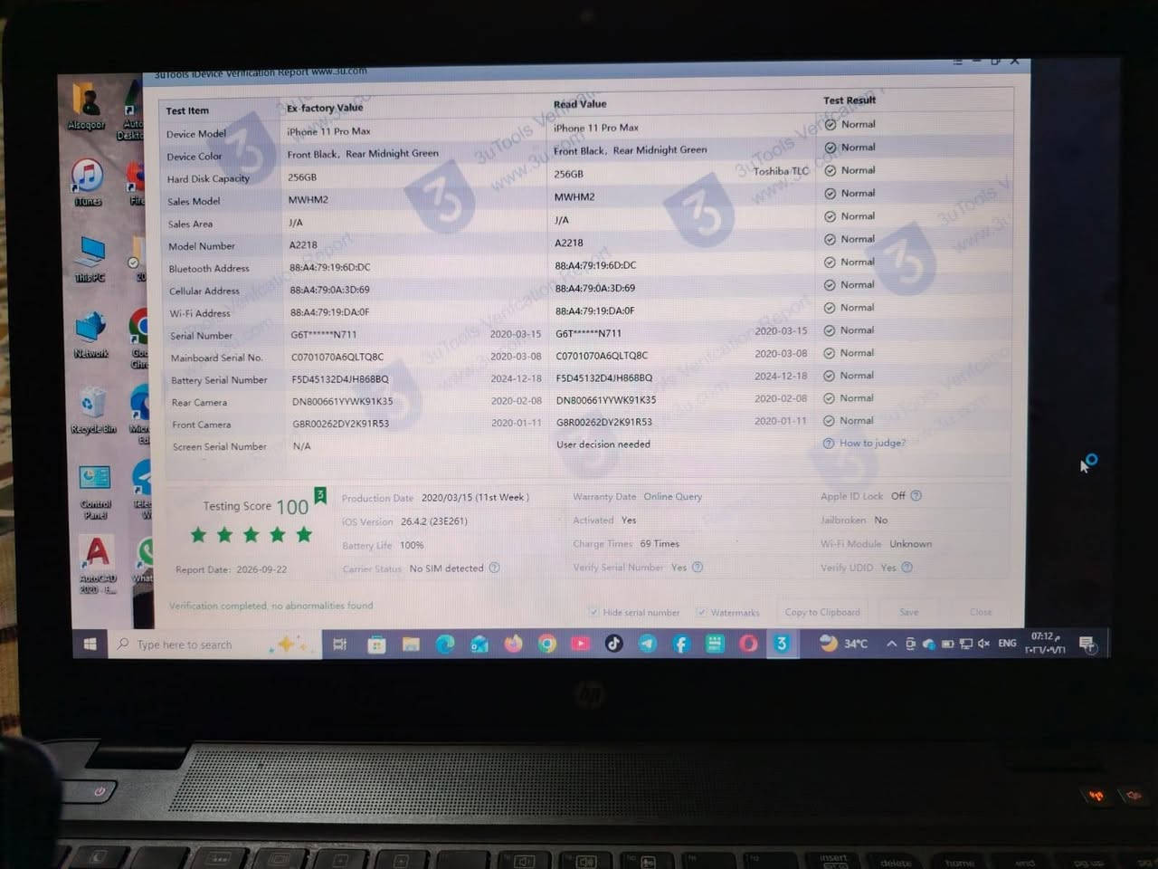 ايفون 11برو ماكس
لون زيتوني مميز 
ذاكرة 256👉انتبه
بطاريه 100مبدله وكاله اصليه انسه الصرف 
نموذج Mشرق اوسط عربي 
الجهاز كله بلادي وضع الشركه 
بوبجي 60فريم فول سلاسه
الجهاز نضافه واحد على واحد ☝
فقط ثلمه زغيره مامأثره لا على الجهاز ولا ع المس 
الجهاز مال جناي تاخذه وتترحملي 
اخذه افحص وين متريد 
للبيع او مراوس حسب القناعه 
***********

نص مكتوب في الصور:
- 3uTools iDevice Verification Report www.3u.com Test Item Ex-factory Value Read Value Test Result Device Model iPhone 11 Pro Max iPhone 11 Pro Max Normal Device Color Front Black, Rear Midnight Green Front Black, Rear Midnight Green Normal Hard Disk Capacity 256GB 256GB Toshiba TLC Normal Sales Model MWHM2 MWHM2 Normal Sales Area J/A J/A Normal Model Number A2218 A2218 Normal Bluetooth Address 88:A4:79:19:6D:DC 88:A4:79:19:6D:DC Normal Cellular Address 88:A4:79:0A:3D:69 88:A4:79:0A:3D:69 Normal Wi-Fi Address 88:A4:79:19:DA:0F 88:A4:79:19:DA:0F Normal Serial Number G6T******N711 2020-03-15 G6T******N711 2020-03-15 Normal Mainboard Serial No. C0701070A6QLTQ8C 2020-03-08 C0701070A6QLTQ8C 2020-03-08 Normal Battery Serial Number F5D45132D4JH868BQ 2024-12-18 F5D45132D4JH868BQ 2024-12-18 Normal Rear Camera DN800661YYWK91K35 2020-02-08 DN800661YYWK91K35 2020-02-08 Normal Front Camera G8R00262DV2K91R53 2020-01-11 G8R00262DV2K91R53 2020-01-11 Normal Screen Serial Number N/A User decision needed How to judge? Testing Score 100 3 Production Date 2020/03/15 (11st Week) Warranty Date Online Query Apple ID Lock Off iOS Version 26.4.2 (23E261) Activated Yes Jailbroken No Battery Life 100% Charge Times 69 Times Wi-Fi Module Unknown Report Date: 2026-09-22 Carrier Status No SIM detected Verify Serial Number Yes Verify UDID Yes Verification completed, no abnormalities found Hide serial number Watermarks Copy to Clipboard Save Close Type here to search 34 °C ENG 07:12 م
- ٧:١٨
- ٢١ ...
- حول
- الاسم
- iPhone
- إصدار iOS
- ٢٦.٤.٢
- اسم الطراز
- iPhone 11 Pro Max
- رقم الطراز
- MWHM2J/A
- الرقم التسلسلي
- G6TCDFTTN711
- سجل تاريخ القطع والخدمة
- الأغاني
- الفيديوهات
- الصور
- السعة
- ٢٥٦ غ.ب.
- متوفرة
- ٢٣٨,٢٤ غ.ب.
- عنوان Wi-Fi
- 88:A4:79:19:DA:0F