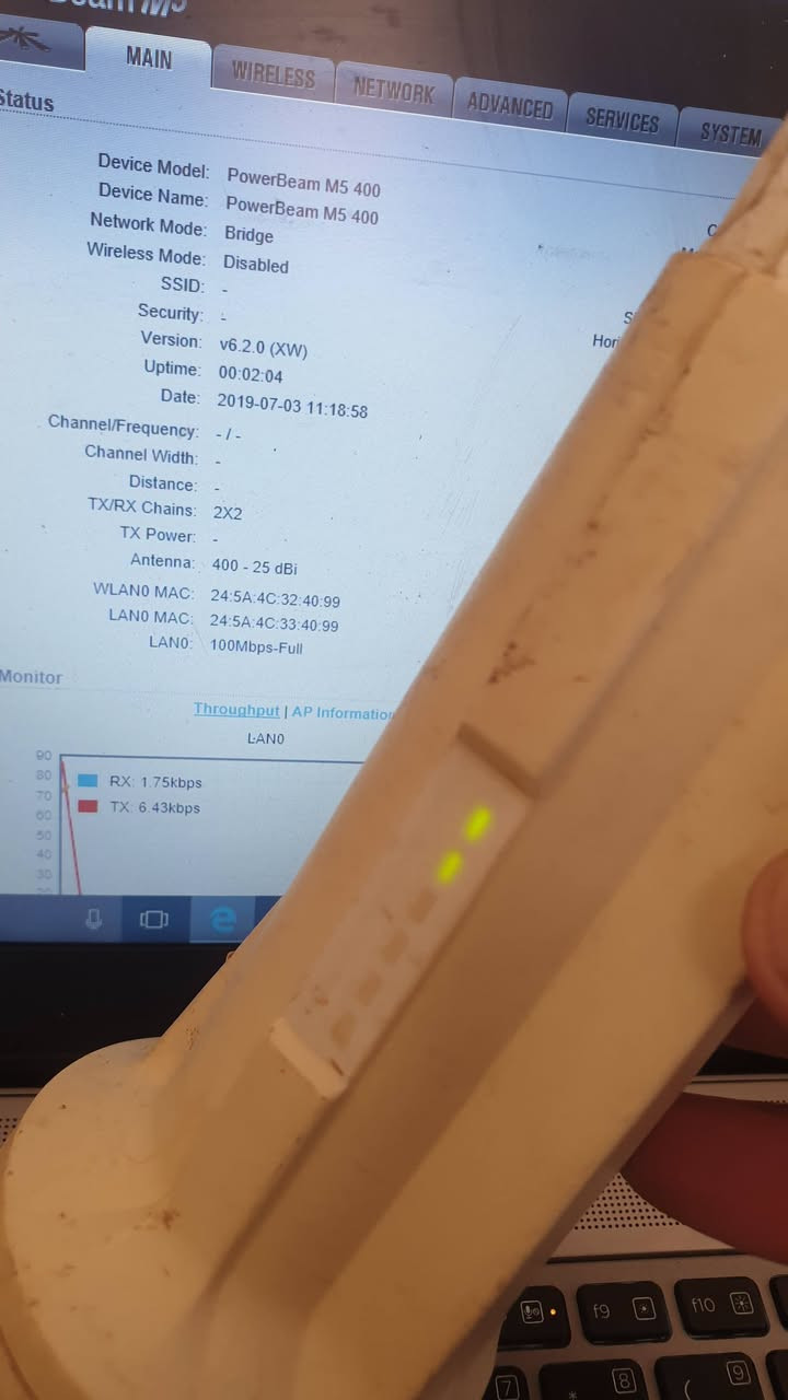 ٥٥ الف مع توصيل مکانی دهوک

نص مكتوب في الصور:
- Certificate error 192.168.1.20/index.cgi PowerBeam M5 MAIN WIRELESS NETWORK ADVANCED SERVICES Status Device Model: PowerBeam M5 400 Device Name: PowerBeam M5 400 Network Mode: Bridge Wireless Mode: Disabled SSID: - Security: - Version: v6.2.0 (XW) Uptime: 00:01:27 Date: 2019-07-03 11:18:20 Channel/Frequency: - / - Channel Width: - Distance: - TX/RX Chains: 2X2 TX Power: - Antenna: 400 - 25 dBi WLAN0 MAC: 24:5A:4C:32:40:99 LAN0 MAC: 24:5A:4C:33:40:99 LAN0: 100Mbps-Full Monitor Throughput | AP Information | Interfaces | ARP Table | Bridge Table | LAN0 RX: 1.23kbps TX: 1.10kbps