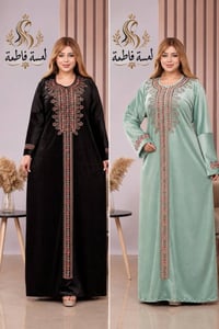 مخمل كوري ثقيل تطريز صدر وردن  دبل كلوش وحزام  قياسات l . xl . xxl الس...