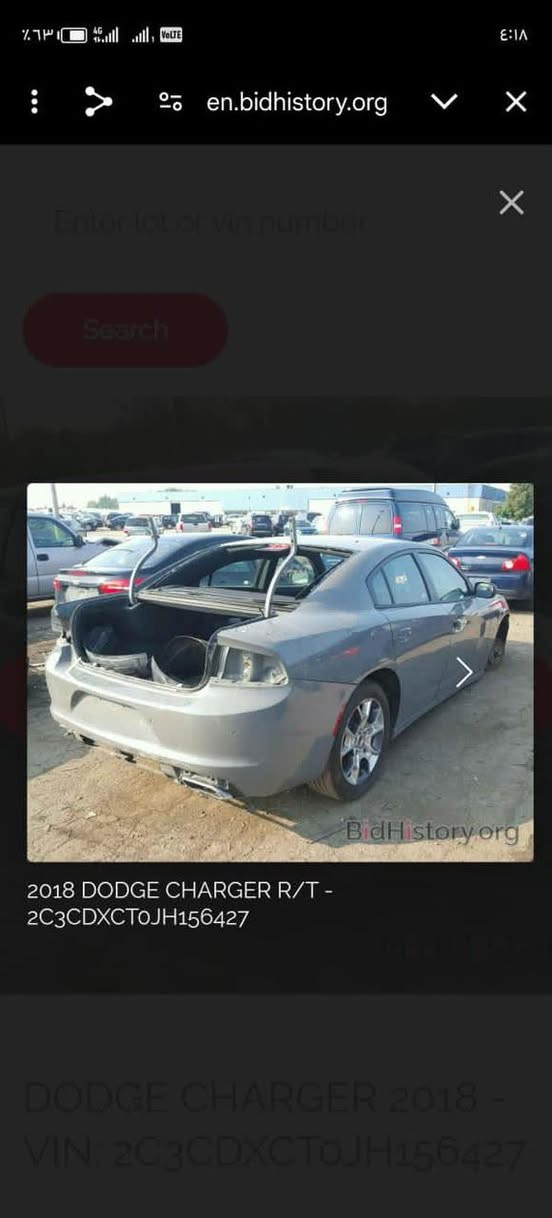 جارجر موديل 18 rt حادث السعر 175$ للاستفسار ***********

نص مكتوب في الصور:
- en.bidhistory.org Enter lot or vin number Search BidHistory.org 2018 DODGE CHARGER R/T - 2C3CDXCTOJH156427 DODGE CHARGER 2018 - VIN: 2C3CDXCTOJH156427