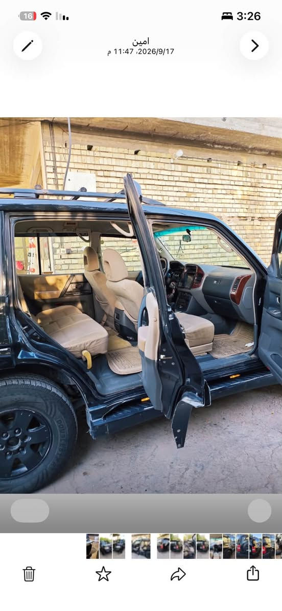السلام عليكم
مكلف بل النشر 

باجيرو موديل 2003 باسمي تحويل ثاني يوم 

السياره احلى من الصور كير محرك تبريد كله تمام 

السياره بيها ادامه كامله ربع متصرف عليه بدون صبغ السياره بيها بحافه البنيد شويه صبغ 

المكان شاطى التاجي بغداد 
السعر 75 وبي مجال بسيط 

***********

نص مكتوب في الصور:
- 16 3:26 امين 1:54، 2026/7/11 ص رد
- 3:26
- 16
- امين
- م 11:47 ،2026/9/17
- امين 11:47 2026/9/17 م
- 16 AMIN 11:47 2026/9/17 M 3:26
- 16 3:26 امين 11:47 2026/9/17 م
- 11:47 ،2026/9/17 م
- 2026/9/17، 11:47 م