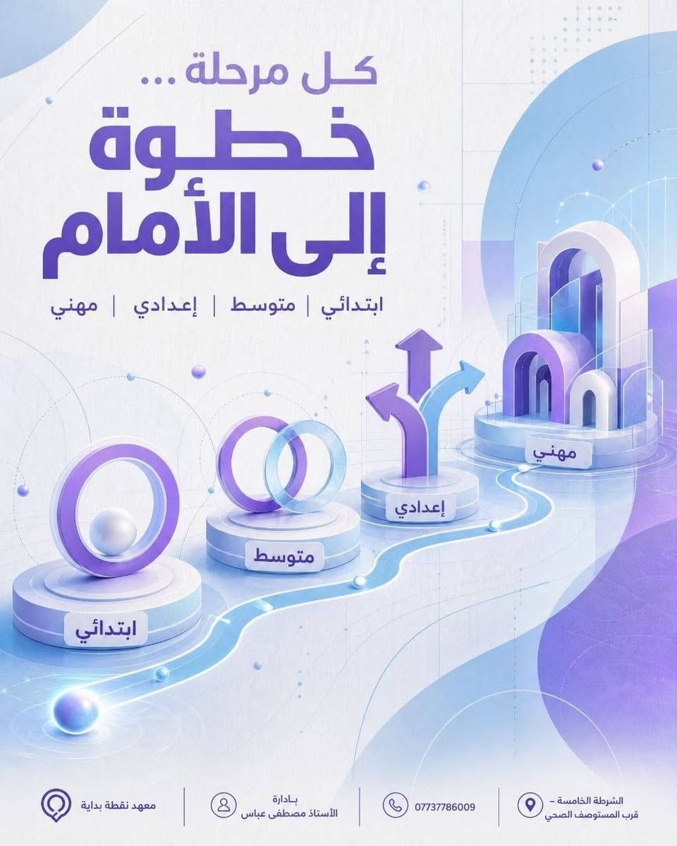 يعلن معهد نقطة بداية عن فتح باب التسجيل للعام الدراسي 2026 _2027 
♦كادر تدريسي كفوء ومتخصص لكل مادة دراسية.
♦قاعات علمية مجهزة توفر بيئة دراسية مثالية للطلبة.
♦متابعة دورية مستمرة وامتحانات نمطية وشاملة لتقييم المستوى.
♦التركيز على الفهم واستيعاب المادة لضمان الدرجات الكاملة.
للتواصل والاستفسار: *********** يوجد واتساب
العنوان:[الشرطة الخامسة قرب المتوصف الصحي بالمواصلات]
