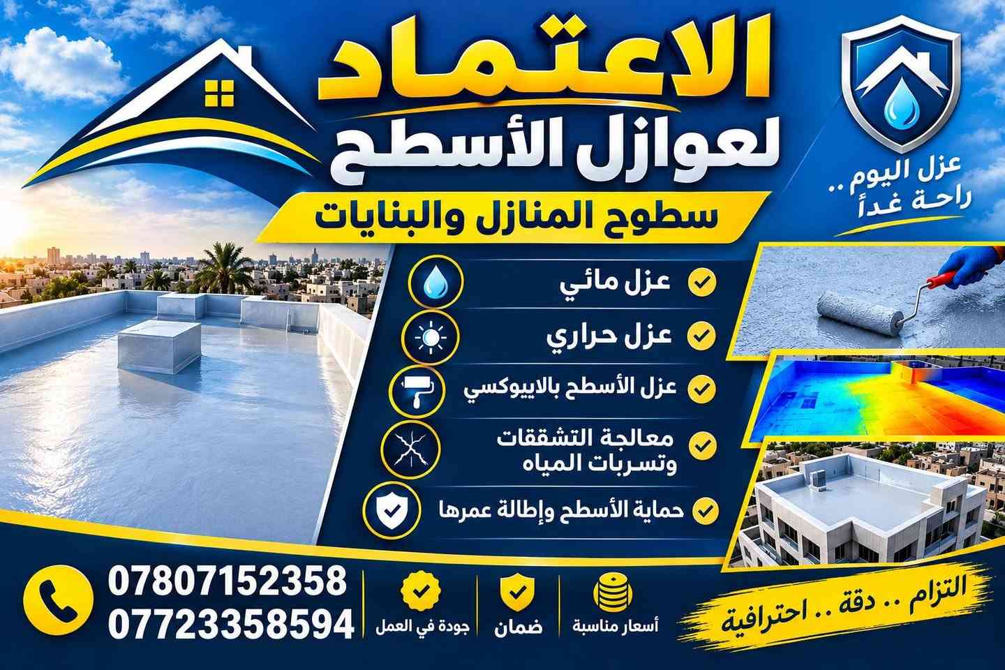 الأعتماد للعوازل
عزل الأسطح ضد الماء
معالجة تسرب مياه الأمطار.
حماية السطح من الرطوبة.
عزل الأسطح الخرسانية والأسطح القديمة بعد تجهيزها.
العزل بالإيبوكسي
استخدام أنظمة إيبوكسي مناسبة للأسطح بحسب طبيعة السطح.
تجهيز السطح وتنظيفه قبل التطبيق.
معالجة التشققات والمناطق الضعيفة قبل تنفيذ طبقات العزل.
معالجة التشققات
فحص السطح وتحديد أماكن التشقق.
تنظيف ومعالجة التشققات قبل وضع طبقة العزل.
العزل الحراري
المساعدة على تقليل انتقال حرارة الشمس إلى المبنى.
اختيار نظام العزل المناسب حسب نوع السطح والاستخدام

للاستفسار الاتصال ***********

نص مكتوب في الصور:
- الاعتماد للعوازل حماية تدوم .. لراحة تدوم شرح مختصر عن عمل الأعتماد للعوازل الأعتماد للعوازل هي شركة متخصصة في تنفيذ جميع أنواع العوازل للأسطح والمباني، باستخدام مواد عالية الجودة وبأحدث التقنيات، لحماية منشآتك من تسرب المياه وتأثيرات الحرارة والرطوبة، مما يطويل عمر المبنى ووفر لك الراحة والأمان. مميزات عملنا ضمان على العمل الالتزام بالمواعيد جودة عالية في المواد فريق عمل محترف أنواع العوازل التي نعمل بها عازل مائي لحماية للأسطح من تسرب المياه والرطوبة. عازل حراري يقلل من امتصاص الحزارة ويحافظ على برودة المبنى. عزل إيبوكسي قوة عالية ومتانة طويلة لمختلف الأسطح. عزل الأسطح والمباني للمنازل، الفلل، المستودعات والمشاريع التجارية. الأعتماد للعوازل ... اختيارك الأمثل لحماية مبناك
- الاعتماد لعوازل الأسطح سطوح المنازل والبنايات عزل اليوم .. راحة غداً عزل مائي عزل حراري عزل الأسطح بالاييبوكسي معالجة التشققات وتسربات المياه حماية الأسطح وإطالة عمرها *********** *********** جودة في العمل ضمان أسعار مناسبة التزام .. دقة .. احترافية
- الاعتماد لعوازل الأسطح حماية لسطحك .. أمان لمبناك الاعتماد لعوازل الأسطح عزل مائي وحراري بأعلى جودة باستخدام مادة الإيبوكسي عزل تام لتسربات المياه مقاوم لأشعة الشمس والحرارة العالية يحمي السطح من التشققات والرطوبة يطيل عمر السطح ويوفر تكاليف الصيانة قبل العزل بعد العزل خدماتنا تشمل عزل المباني والمنشآت عزل المحلات والمشاريع التجارية عزل الأسطح المنزلية معالجة التشقققات العزل بالإيبوكسي بأنواعة *********** *********** البصرة وخدمة المناطق القريبة معاينة السطح قبل العمل استخدام مواد عزل عالية الجودة فريق عمل متخصص وخبرة عالية