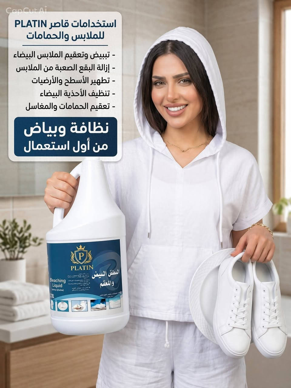زاهي نوعية ممتازة رغوة ونظافة وعطر دبة ٥لتر
قاصر نضافة وبياض وعطر دبة ٤ لتر 

والاسعار جدا مناسبة للطلب والاستفسار واتساب*********** يوجد توصيل مجاني للكرادة

نص مكتوب في الصور:
- CapCut AI
- استخدامات قاصر PLATIN للملابس والحمامات
- - تبييض وتعقيم الملابس البيضاء
- - إزالة البقع الصعبة من الملابس
- - تطهير الأسطح والأرضيات
- - تنظيف الأحذية البيضاء
- - تعقيم الحمامات والمغاسل
- نظافة وبياض من أول استعمال