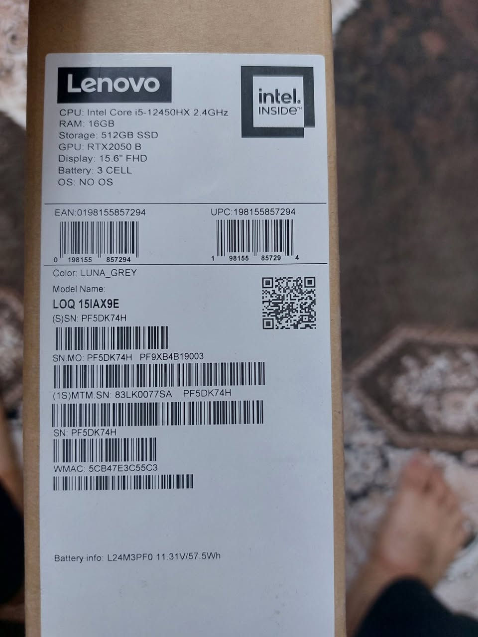 لابتوب لينوفو LOQ 15IAX9E نظافة ٩٩
المعالج (CPU): Intel Core i5-12450HX بسرعة 2.4 جيجاهرتز.
​ذاكرة الوصول العشوائي (RAM): 16 جيجابايت.
​وحدة التخزين (Storage): قرص SSD بسعة 512 جيجابايت.
​كارت الشاشة (GPU): NVIDIA GeForce RTX 2050 B.
​الشاشة (Display): مقاس 15.6 بوصة بدقة FHD (1920x1080).
​نظام التشغيل (OS): بدون نظام تشغيل (NO OS).
​اللون: رمادي (LUNA_GREY).
​اسم الموديل: LOQ 15IAX9E.
سعر ٨٠٠ بيه مجال بسيط العنوان بغداد
***********
