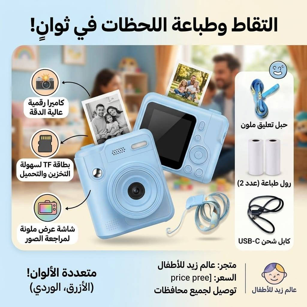📸 ذكريات طفلك تستحق أن تبقى للأبد! 💖
مع الكاميرا الفورية للأطفال من عالم زيد للأطفال، يلتقط طفلك صوره ويطبعها فورًا خلال ثوانٍ.

📦 محتويات كل كاميرا موضحة داخل الصور (وتختلف حسب الموديل).

📍 بغداد | الراشدية | حي القدس.

📲 للطلب والاستفسار:

واتساب:

 https://wa.me/9647726011241

إنستغرام:

 https://www.instagram.com/kids__store9/

🚚 توصيل لجميع محافظات العراق بـ 5,000 د.ع 🤍

نص مكتوب في الصور:
- عالم زيد للأطفال كاميرا فورية للأطفال صور واطبع الذكريات في لحظتها! تصميم آمن وممتع للأطفال تصوير فوري و طباعة سريعة شاشة ملونة 2.4 إنش ألعاب ممتعة مدمجة بطارية قوية قابلة للشحن آمنة ومصممة للأطفال تصوير عالي الجودة مثالية لأعياد الميلاد والمناسبات تأتي مع: تسجل ذكريات طفلك وتطبعها فوراً! تصوير وطباعة فورية هدية مثالية للأطفال سهولة في الاستخدام للتواصل والاستفسار *********** توصيل لجميع محافظات العراق 5,000 دينار kids__store9 kids__store1 عالم زيد للاطفال f
- عالم زيد للأطفال كاميرا فورية للأطفال لحظاتهم.. اطبعها فوراً واحتفظ بها للأبد! تصوير فوري وطباعة سريعة شاشة ملونة 2.4 إنش ألعاب ممتعة مدمجة بطارية قوية قابلة للشحن آمنة ومصممة للأطفال تصوير عali الجودة هدية مثالية لأعياد الميلاد والمناسبات اطبع صورك بلمسة زر! تصوير و طباعة فورية تصميم رائع يجذب الأطفال سهل الاستخدام للاطفال توصيل لجميع محافظات العراق 5,000 دينار فقط للتواصل والاستفسار *********** توصيل لجميع محافظات العراق 5,000 دينار kids__store9 kids__store1 عالم زيد للاطفال
- صمم لمرح لا تنتهي! عالم زيد للأطفال كاميرا فورية للأطفال اطبع صور.. احتفظ بذكرياتك فوراً! تصوير فوري وطباعة سريعة شاشة ملونة 2.0 إنش ألعاب ممتعة مدمجة بطارية قوية قابلة للشحن آمنة ومصممة للأطفال تصوير عالي الجودة اطبع صورك باللمسة زر! هدية مثالية للأعياد والمناسبات محتويات العلبة: 6 ألوان أقلام كارت ذاكرة 32GB حبل تعليق كابل شحن USB 4 رول ورق للطباعة سهولة الاستخدام متعة لا تقاوم! توصيل لجميع محافظات العراق 5,000 دينار فقط للتواصل والاستفسار *********** توصيل لجميع محافظات العراق 5,000 دينار فقط kids__store9 kids__store1 عالم زيد للاطفال
- الكاميرا الفورية للأطفال - لحظات لا تُنسى!
- طابعة فورية
- شاشة ملونة
- عدسة عالية الدقة
- حبل تعليق مريح
- كابل شحن USB-C
- رولات ورق طباعة (عدد 2)
- متجر: عالم زيد للأطفال
- السعر: [Addr specific price pree] or [تواصل معنا]
- عالم زيد للأطفال توصيل لجميع محافظات العراق: 5 آلاف دينار فقط!
- التقاط وطباعة اللحظات في ثوان!
- كاميرا رقمية عالية الدقة
- بطاقة TF لسهولة التخزين والتحميل
- شاشة عرض ملونة لمراجعة الصور
- حبل تعليق ملون
- رول طباعة (عدد 2)
- کابل شحن USB-C
- متعددة الألوان! (الأزرق، الوردي)
- السعر: [price pree]
- عالم زيد للأطفال توصيل لجميع محافظات
- عالم زيد للأطفال - الكاميرا الفورية للأطفال ذكريات تطبع فوراً .. وتبقى للأبد! تصميم آمن للأطفال مميزات الكاميرا طباعة فورية بدون حبر شاشة ملونة 2.4 بوصة كاميرا أمامية بدقة عالية بطارية قابلة للشحن ألعاب مدمجة للترفيه آمنة وسهلة الاستخدام محتويات العبوة كابل شحن USB حبل تعليق للكاميرا 6 ألوان فلوماستر 3 رول طباعة فورية حبل تعليق مميز للأطفال هدية مثالية لطفلك ! لتوثيق أجمل لحظاته بطريقة ممتعة وآمنة عالم زيد للأطفال توصيل لجميع محافظات العراق 5,000 دينار فقط كل ما يحتاجه طفلك ... في مكان واحد
- عالم زيد للأطفال الكاميرا الفورية للأطفال ذكريات تُطبع فوراً .. وتبقى للأبد! تصميم لطيف وآمن للأطفال محتويات العبوة كابل شحن USB حبل تعليق للكاميرا 6 ألوان فلوماستر 3 رول طباعة فورية هدية مثالية لطفلك! لتوثيق أجمل لحظاته بطريقة ممتعة وآمنة طباعة فورية بدون حبر شاشة ملونة 2.4 بوصة كاميرا أمامية بدقة عالية بطارية قابلة للشحن ألعاب مدمجة للترفيه آمنة وسهلة الاستخدام عالم زيد للأطفال توصيل لجميع محافظات العراق 5,000 دينار فقط كل ما يحتاجه طفلك... في مكان واحد