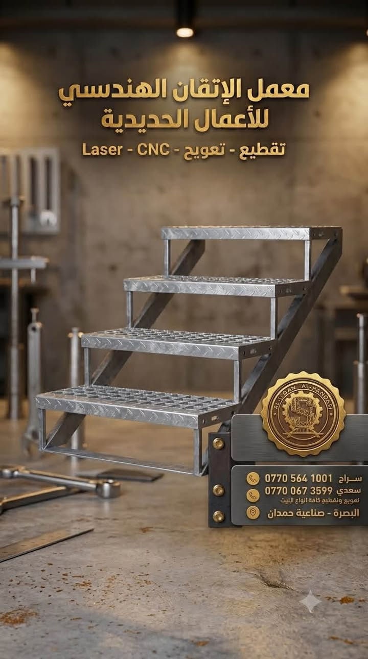 مستعدون لعمل جميع انواع بايات           (الگريتنك /Grating) والمشايات بكافة القياسات والاحجام )
للتواصل الاتصال على رقم الهاتف او واتساب
*********** سراج

العنوان صناعية حمدان مجاور معمل الملح
