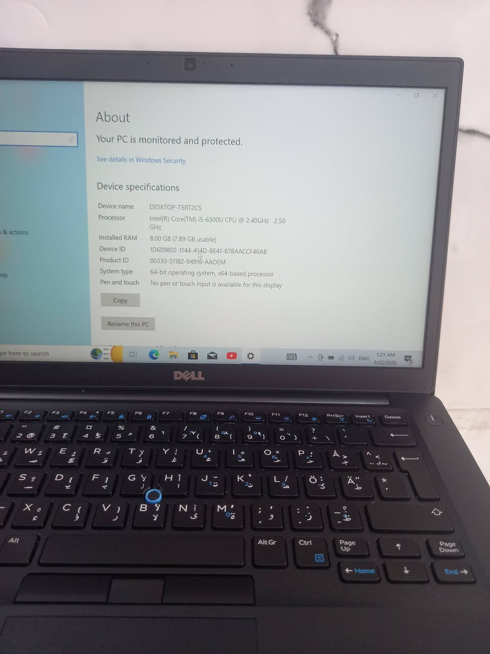لابتوب دل 7480 dell
المعالج كور اي 5 الجيل 6
الهارد    256 ssd 
الرام 8.  ddr4 
كارت الشاشة  4  شير 
حجم الشاشة  14 
الشاحنة اصلية 
يحتوي على منفذ تايب سي للشحن او نقل البيانات
نظام التشغيل ويندوز 10 عربي انكليزي 
الملحقات شاحنة وجنطة 
السعر  190
***********
***********
يوجد توصيل

متوفر 
تتوفر مجموعة لابتوبات بأسعار مناسبة ومواصفات

نص مكتوب في الصور:
- About Your PC is monitored and protected. See details in Windows Security Device specifications Device name DESKTOP-T5RT2CS Processor Intel(R) Core(TM) i5-6300U CPU @ 2.40GHz 2.50 GHz Installed RAM 8.00 GB (7.89 GB usable) Device ID 1D609802-1144-414D-BE41-87BAACCF46AB Product ID 00330-51182-94916-AAOEM System type 64-bit operating system, x64-based processor Pen and touch No pen or touch input is available for this display Copy Rename this PC
- Task Manager File Options View Processes Performance App history Startup Users Details Services Short CPU 1% 1.24 GHz Memory 2.0/7.9 GB (25%) Disk 0 (C: D:) SSD 1% Wi-Fi Wi-Fi S: 0 R: 0 Kbps GPU 0 Intel(R) HD Graphics 520 0% CPU Intel(R) Core(TM) i5-6300U CPU @ 2.40GHz % Utilization 100% 60 seconds 0 Utilization 1% Speed 1.24 GHz Base speed: 2.50 GHz Sockets: 1 Cores: 2 Processes 154 Threads 1511 Handles 53742 Logical processors: 4 Virtualization: Enabled Up time L1 cache: 128 KB 0:00:52:44 L2 cache: 512 KB L3 cache: 3.0 MB Fewer details Open Resource Monitor ENG
- Task Manager File Options View Processes Performance App history Startup Users Details Services CPU 3% 1.13 GHz Memory 2.0/7.9 GB (25%) Disk 0 (C: D:) SSD 2% Wi-Fi Wi-Fi S: 8.0 R: 88.0 Kbps GPU 0 Intel(R) HD Graphics 520 0% Disk 0 (C: D:) SAMSUNG MZVLW256HEHP-000L7 Active time 100% 60 seconds Disk transfer rate 0 100 KB/s 60 seconds 0 Active time 2% Average response time 5.1 ms Read speed 36.2 KB/s Write speed 185 KB/s Capacity: 239 GB Formatted: 239 GB System disk: Yes Page file: Yes Type: SSD Fewer details Open Resource Monitor here to search ENG 1:21 AM 9/22/2026
- Task Manager File Options View Processes Performance App history Startup Users Details Services GPU Intel(R) HD Graphics 520 CPU 1% 0.93 GHz Memory 2.0/7.9 GB (25%) Disk 0 (C: D:) SSD 0% Wi-Fi Wi-Fi S: 0 R: 0 Kbps GPU 0 Intel(R) HD Graphics 52 1% 3D 1% Copy 0% Video Decode 0% Video Processing 0% Shared GPU memory usage 3.9 GB Utilization 1% GPU Memory 0.1/3.9 GB Shared GPU memory 0.1/3.9 GB Driver version: 30.0.101.1338 Driver date: 1/20/2022 DirectX version: 12 (FL 12.1) Physical location: PCI bus 0, d... Fewer details Open Resource Monitor Type here to search 1:22 AM 9/22/2026