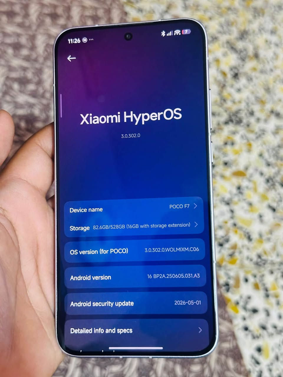 بوكو اف سفن كفاله وتر شاصي نظيف كامل ملحقات فقط ضهر مفطر ذاكره 512 بطاريه 97 جهاز ما متعوب ما بي اي شخط بل شاصي ول شاشه سعر 425 وبي مجال مكاني بابل القاسم  رقمي ***********

نص مكتوب في الصور:
- Xiaomi HyperOS 3.0.302.0 Device name POCO F7 Storage 82.6GB/528GB (16GB with storage extension) OS version (for POCO) 3.0.302.0.WOLMIXM.C06 Android version 16 BP2A.250605.031.A3 Android security update 2026-05-01 Detailed info and specs