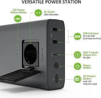 بور بنك ومخرج كهرباء الحجز خاص او واتساب ***********

نص مكتوب في الصور:
- 90W AC & 18W PD & USB A CHARGING Compatible with most AC based devices and USB devices, more than a power bank Do not charge device more than 90W with AC outlet
- VERSATILE POWER STATION LED Power Status Display AC Outlet 230V 50Hz 90W USB USB A Output 5V 4.2A 21W (2.4A Max Per Port) Type C Input/ Output Port PD 18W Power Button AC AC Output Button with LED Indicator Light
- 24000MAH 88.8WH HIGH CAPACITY
- Camera
- 15 times
- Tablets
- 1-2 times
- Smartphones
- 4-9 times
- USB light
- 20 hours
- Drone
- 1+ times
- Laptop 45W
- 1 time
- USB Trickle Charge Mode Small current output to charge devices lower than 100mA such as bluetooth headset box, smart watch. Long press the power button for 3 seconds to switch to the small current mode Other Devices Trickle output <100mA
- TAKE YOUR WHOLE OFFICE ON THE GO
- Charge 3 devices at the same time
- Charge iphone 12 up to 50%
- in 30 minutes
- AUTOMATIC SECURITY PROTECTION, NO HARM TO YOUR DEVICES Overcurrent Protection Short Circuit Protection Temperature Protection OverDischarge Protection