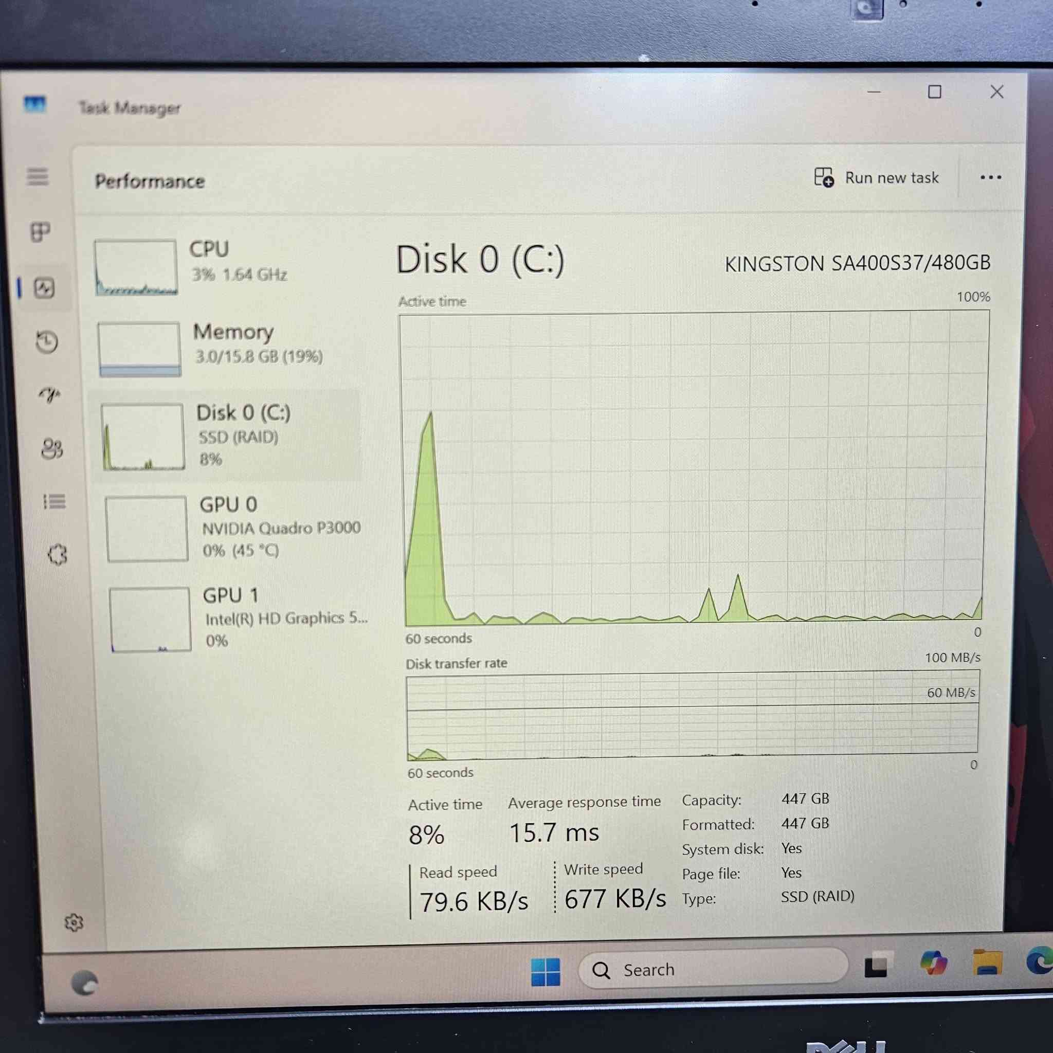 🚀 Dell Precision 7720 | شاشة عملاقة وأداء ثقيل 💯
لأصحاب الهندسة، المونتاج، والأعمال الشاقة.. حاسبة بقوة عالية وشاشة كبيرة جداً للعمل المريح.
​المواصفات:
​المعالج: Intel Core i7 (6th Gen HQ) 🚀
​الرام: 16GB DDR4
​الخزن: 480GB SSD (سريع جداً)
​كرت الشاشة: Nvidia Quadro P3000 6GB + Intel Graphics
​الشاشة: 17.3 بوصة فول اتش دي (FHD)
​النظام والملحقات: Windows 11 Pro + كيبورد ستيكر (عربي / إنكليزي)
+جنطه ماوس وماوس باد شاحنه و كيبل شحن
​💰 السعر: 450 ألف دينار فقط!
🚚 السعر شامل التوصيل لجميع المحافظات.
​📩 للطلب أو الاستفسار *********** او راسلنا على الخاص.

نص مكتوب في الصور:
- Task Manager Run new task Performance CPU 3% 1.64 GHz Memory 3.0/15.8 GB (19%) Disk 0 (C:) SSD (RAID) 8% GPU 0 NVIDIA Quadro P3000 0% (45 °C) GPU 1 Intel(R) HD Graphics 5... 0% Disk 0 (C:) KINGSTON SA400S37/480GB Active time 100% 60 seconds 0 Disk transfer rate 100 MB/s 60 MB/s 60 seconds 0 Active time 8% Average response time 15.7 ms Read speed 79.6 KB/s Write speed 677 KB/s Capacity: 447 GB Formatted: 447 GB System disk: Yes Page file: Yes Type: SSD (RAID) Search
- Task Manager Performance Run new task CPU 10% 2.36 GHz Memory 3.0/15.8 GB (19%) Disk 0 (C:) SSD (RAID) 2% GPU 0 NVIDIA Quadro P3000 0% (45 °C) GPU 1 Intel(R) HD Graphics 5... 1% Memory Memory usage 16.0 GB 15.8 GB 60 seconds 0 Memory composition In use (Compressed) 2.8 GB (41.9 MB) Available 12.9 GB Speed 2400 MHz Slots used 3 of 4 Form factor SODIMM Hardware reserved 155 MB Committed 3.1/18.7 GB Cached 762 MB Paged pool 194 MB Non-paged pool 260 MB Search
- Task Manager Performance Run new task CPU 8% 2.19 GHz Memory 2.9/15.8 GB (18%) Disk 0 (C:) SSD (RAID) 0% GPU 0 NVIDIA Quadro P3000 0% (45 °C) GPU 1 Intel(R) HD Graphics 5... 1% GPU NVIDIA Quadro P3000 v 3D 0% v Copy 0% v Video Encode 0% v Video Decode 0% Dedicated GPU memory 6.0 GB Shared GPU memory 7.9 GB Utilization 0% GPU Memory 0.0/13.9 GB Dedicated GPU memory 0.0/6.0 GB Shared GPU memory 0.0/7.9 GB Driver version: Driver date: DirectX version: Physical location: Hardware reserved memory: Search
- Task Manager Performance Run new task CPU 7% 2.31 GHz Memory 3.0/15.8 GB (19%) Disk 0 (C:) SSD (RAID) 2% GPU 0 NVIDIA Quadro P3000 0% (45 °C) GPU 1 Intel(R) HD Graphics 5... 7% CPU Intel(R) Core(TM) i7-6820HQ CPU @ 2.70GHz % Utilization 100% 60 seconds 0 Utilization 7% Speed 2.31 GHz Processes 163 Threads 2054 Handles 58416 Up time 0:00:25:10 Base speed: 2.70 GHz Sockets: 1 Cores: 4 Logical processors: 8 Virtualization: Enabled L1 cache: 256 KB L2 cache: 1.0 MB L3 cache: 8.0 MB Q Search