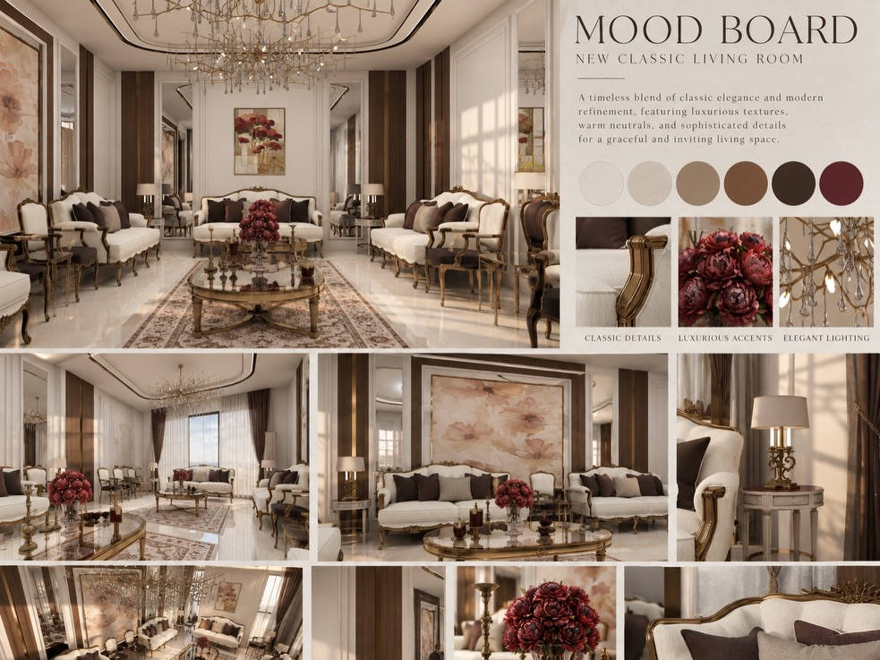 تصميم نيوكلاسيك لاستقبال ضيوف، يجمع بين الفخامة والدفء ضمن أجواء متوازنة وأنيقة.🤍✨
اعتمد التصميم على الخشب الطبيعي، المرايا، التفاصيل الذهبية، والأقمشة بدرجات البيج والبني الدافئ، مع لمسات ناعمة من الثريات والأعمال الفنية.

تصميم المهندسة المعمارية ماريا عماد عزيز
مكتب العمران الهندسي

A refined Neo-Classical guest reception, designed with a balance of timeless elegance, warmth, and comfort.

Designed by Arch. Maria Imad Azeez
Al-Omran Engineering Office

نص مكتوب في الصور:
- MOOD BOARD NEW CLASSIC LIVING ROOM A timeless blend of classic elegance and modern refinement, featuring luxurious textures, warm neutrals, and sophisticated details for a graceful and inviting living space. CLASSIC DETAILS LUXURIOUS ACCENTS ELEGANT LIGHTING
- POLISHED MARBLE FLOOR
- RICH WALNUT PANELING
- GILDED BRASS TRIM
- CREAM SOFA FABRIC
- BURGUNDY ACCENT VELVET
- TRADITIONAL RUG TEXTURE
- LIVING ROOM DESIGN PROPOSAL TIMELESS ELEGANCE IN EVERY DETAIL FITMENT SELECTION 3-SEATER SOFA Material: Solid wood + fabric Finish: Antique gold leaf Approx. size: 240 x 100 x 95 cm Style: Classic / Neoclassical ARMCHAIR Material: Solid wood + fabric Finish: Antique gold leaf Approx. size: 75 x 80 x 100 cm Style: Classic / Neoclassical COFFEE TABLE Material: Marble + metal Finish: Gold plating Approx. size: 175 x 90 x 45 cm Style: Classic / Elegant CHANDELIER Material: Brass + crystal Finish: Antique gold Approx. size: Ø 120 x 70 cm Style: Classic / Luxurious SIDE TABLE Material: Metal + marble Finish: Gold plating Approx. size: Ø 60 x 70 cm Style: Classic / Elegant AREA RUG Material: Wool / Silk blend Finish: Hand-knotted look Approx. size: 300 x 200 cm Style: Persian / Traditional DRAWINGS Wall paneling with gold detail Mirrors Crystal chandelier with antique gold finish Floral artwork (as focal point) Classic seating with gold carved frame Persian area rug Oval coffee table (marble + gold metal) Marble flooring (white / cream) Ambient lighting (ceiling + hidden LED) MATERIAL SELECTION Walnut Wood (wall panels) Cream Upholstery (sofas & chairs) Marble / Porcelain Flooring (white / cream) Antique Gold Metal (frames & details) Mirror (vertical panels) Floral Artwork (wall art) Rug Textile (Persian pattern) ELEGANT SPACES FOR A BETTER LIFESTYLE CLASSIC NEOCLASSICAL LUXURY Furniture Selection 3-Seater Sofa Material: Solid wood + fabric Finish: Antique gold leaf Approx. size: 240 x 100 x 95 cm Style: Classic / Neoclassical Armchair Material: Solid wood + fabric Finish: Antique gold leaf Approx. size: 75 x 80 x 100 cm Style: Classic / Neoclassical Coffee Table Material: Marble + metal Finish: Gold plating Approx. size: 175 x 90 x 45 cm Style: Classic / Elegant Chandelier Material: Brass + crystal Finish: Antique gold Approx. size: Ø 120 x 70 cm Style: Classic / Luxurious Side Table Material: Metal + marble Finish: Gold plating Approx. size: Ø 60 x 70 cm Style: Classic / Elegant Area Rug Material: Wool / Silk blend Finish: Hand-knotted look Approx. size: 300 x 200 cm Style: Persian / Traditional Drawings Wall paneling with gold detail Mirrors Crystal chandelier with antique gold finish Floral artwork (as focal point) Classic seating with gold carved frame Persian area rug Oval coffee table (marble + gold metal) Marble flooring (white / cream) Ambient lighting (ceiling + hidden LED) Material Selection Walnut Wood (wall panels) Cream Upholstery (sofas & chairs) Marble / Porcelain Flooring (white / cream) Antique Gold Metal (frames & details) Mirror (vertical panels) Floral Artwork (wall art) Rug Textile (Persian pattern) Classic details create timeless spaces.