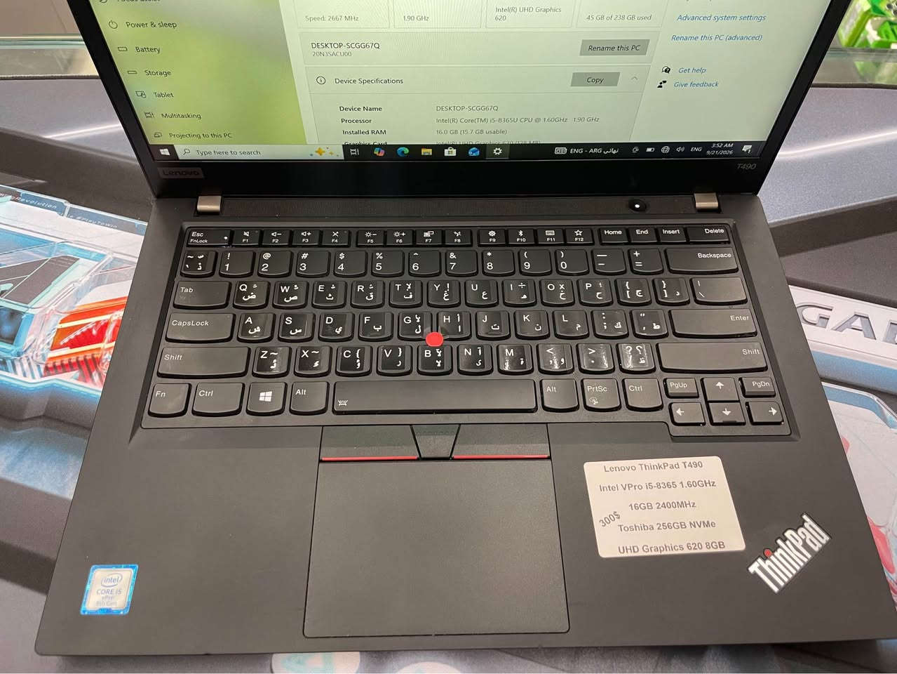 Lenovo ThinkPad T490 بۆ فرۆشتن

Intel V Pro i5-8365 1.60GHz
16GB 2400MHz
Toshiba 256 GB NVMe
UHD Graphics 620 8GB Touchscreen 

لاپتۆپەکە زۆر خاوێنە تەنها لەشاشەکەی خەتێک زیاد سپیە هەر ئەوەندە 

ناونیشان هەولێر  نرخ (300$)
ژمارە مۆبایل 
*********** أربيل, العراق

نص مكتوب في الصور:
- Settings Home Find a setting System Display Sound Notifications & actions Focus assist Power & sleep Battery Storage Tablet Multitasking Projecting to this PC Type here to search About Your PC is monitored and protected. See details in Windows Security Installed RAM 16.0 GB Speed: 2667 MT/s DESKTOP-SCGG67Q 20N1S4CU00 Device Specifications Device Name Processor Installed RAM Graphic Card DESKTOP-SCGG67Q Intel(R) Core(TM) i5-8365U CPU @ 1.60GHz 1.30 GHz 16.0 GB (15.7 GB usable) Intel(R) UHD Graphics 620 Processor Intel(R) Core(TM) i5-8365U CPU @ 1.60GHz 1.30 GHz Graphics Card 128 MB Intel(R) UHD Graphics 620 Storage 238 GB Related settings Change product key or upgrade your edition of Windows Read the Microsoft Software License Terms BitLocker settings Device Manager Remote desktop System protection Advanced system settings Rename this PC Rename this PC Copy Copy Get help Get Windows 10 ENG ARIO 1205 PM
- Lenovo ThinkPad T490 Intel VPro i5-8365 1.60GHz 16GB 2400MHz Toshiba 256GB NVMe UHD Graphics 620 8GB 300$
- Settings Home Find a setting System Display Sound Notifications & actions Focus assist Power & sleep Battery Storage Tablet Multitasking Projecting to this PC Type here to search About Your PC is monitored and protected. See details in Windows Security Installed RAM 16.0 GB Speed: 2667 MHz Processor Intel(R) Core(TM) i5-8365U CPU @ 1.60GHz 1.90 GHz DESKTOP-SCGG67Q 20N3SACU00 Device Specifications Device Name DESKTOP-SCGG67Q Processor Intel(R) Core(TM) i5-8365U CPU @ 1.60GHz 1.90 GHz Installed RAM 16.0 GB (15.7 GB usable) Graphics Card 128 MB Intel(R) UHD Graphics 620 Storage 238 GB 45 GB of 238 gb used Rename this PC Copy Related settings Change product key or upgrade your edition of Windows Read the Microsoft Software License Terms BitLocker settings Device Manager Remote desktop System protection Advanced system settings Rename this PC (advanced) Get help Give feedback 3:53 AM 9/21/2026 T490