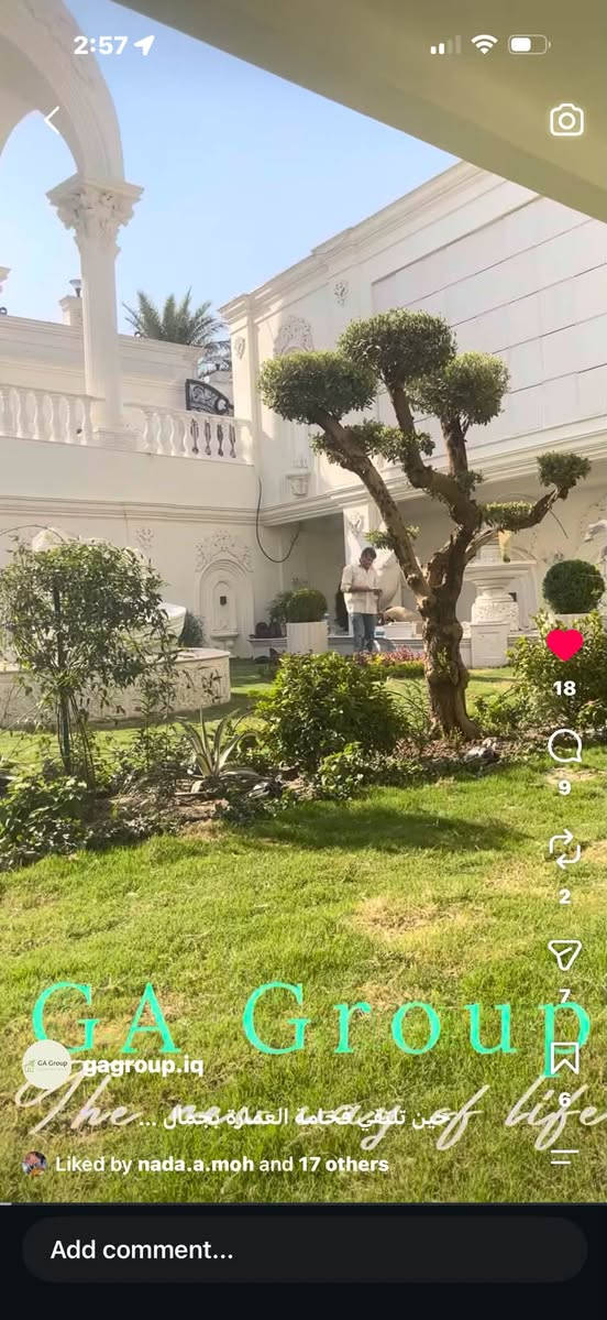السلام عليكم
بما انو الجوو بدا يصير حلووو وبدا موسم نرجع نعتني بلحديقه حتى نسوي كعدات ولمات بلحدائق 

شركة خاصه بتصميم وتنفيذ الحدائق وشلالات نافورات وكذلك جلسات خارجيه 

الخدمات الي توفرها الشركه :

🌱 تقليم وترتيب النباتات
🌿 قص وتهذيب الثيل
🌳 تنظيف وتنسيق الأشجار والشجيرات
💧 فحص وتنظيم منظومة الري
🌸 إعادة تأهيل المساحات المتضررة
✨ وتنظيف وترتيب الحديقة بالكامل

خلّي حديقتك ترجع خضراء ومرتبة وتفتح النفس 💚

📩 للحجز والاستفسار راسلونا
على الرقم
***********
***********
G Group Landscape
نحوّل مساحتك الخضراء إلى مكان تحب تقعد بيه 🌿

https://www.instagram.com/gagroup.iq?stkn=MXQwcDB5cGdoOGF0aQ==

اتركمم مع الصور

نص مكتوب في الصور:
- 13 3 1 14 5 GA GROUP gagroup.iq THE NEW WAY OF LIFE حين تلتقي فخامة العمارة بجمال ... Add comment...
- 2:57 18 9 2 7 GA Group gagroup.iq The way of life حين تلتقي الفخامة العمارة بجمال ... Liked by nada.a.moh and 17 others Add comment...
- 2:57 44 1 2 14 4 GA GROUP gagroup.iq Coming soon جانب من اعمالنا #landscape LIFE Add comment...
- 2:58 64 2 1 7 9 gagroup.iq GG_Lina - ياليل Garden day #landscape ... Liked by ronza__boutique and 63 others Add comment...
- Ga Group The new way of life
- 2:58 gagroup.iq BBA The Winner Tal شركه جي اي كروب لتصميم وتنفيذ الحدائق ... The new way of life Liked by ronza__boutique and 10 others 11 2 2 Add comment...
- 2:58 gagroup.iq 11 15 10 GA GROUP THE NEW WAY OF LIFE Last Christmas New project GA Group تنفيذ وتصميم...
- 2:58 11 15 10 gagroup.iq Wham! - Last Christm... New project GA Group تنفيذ وتصميم New project GA Group ... Add comment...
- 2:59 23 23 10 gagroup.iq obno$ - edamame (fe Outdoor BBQ THE NEW WAY OF LIFE Liked by nooralhuda_alobaidy and 22 others Add comment...