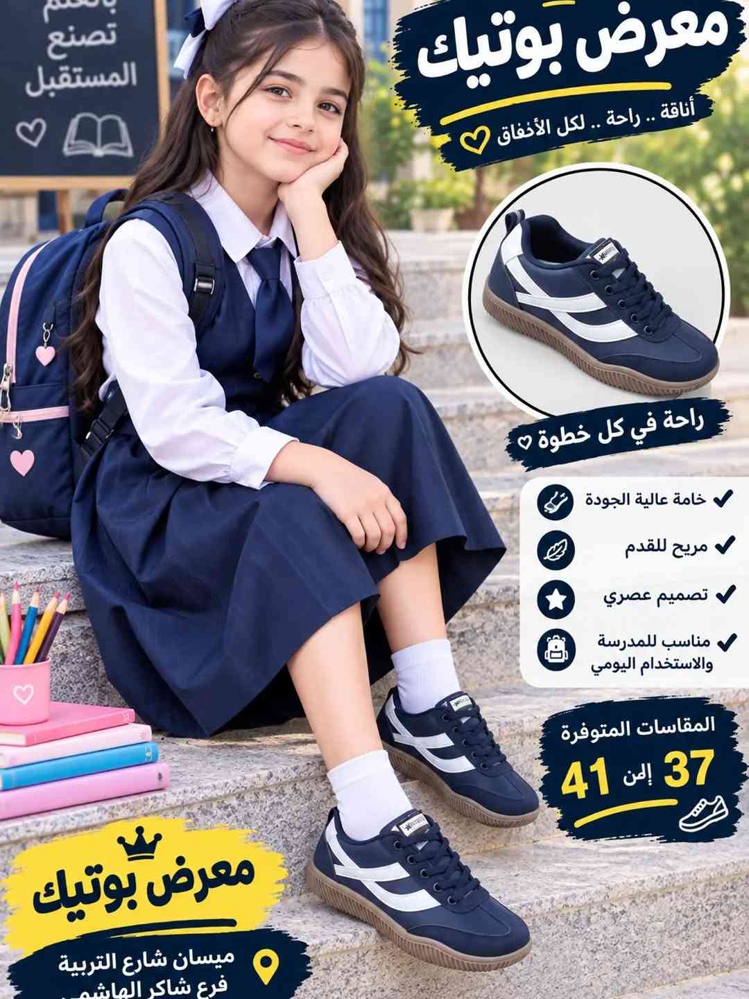 جديد من معرض بوتيك للموسم المدرسي حذاء ولادي وبناتي سبورت (سامبا) قياساته من 37لى41 
السعر 20
تتوفر خدمة التوصيل العنوان ميسان شارع التربيه فرع شاكر الهاشمي اسم المحل معرض بوتيك للاستفسار ارسل رساله الى البيج او على رقم الهاتف ***********

نص مكتوب في الصور:
- معرض بونياك أناقة .. راحة .. لكل الأذواق راحة في كل خطوة خامة عالية الجودة مريح للقدم تصميم عصري مناسب للمدرسة والاستخدام اليومي المقاسات المتوفرة 37 إلى 41 معرض بوتيك ميسان شارع التربية فرع شاكر الهاشم
- معرض بوتيك أناقة .. راحة .. لكل الأذواق راحة في كل خطوة خامة عالية الجودة مريح للقدم تصميم عصري مناسب للمدرسة والاستخدام اليومي المقسات المتوفرة 37 إلى 41 معرض بوتيك ميسان شارع التربية فرع شاكر الهاشم
- معرض بوتيك أناقة .. راحة .. لكل الأخفاق راحة في كل خطوة خامة عالية الجودة مريح للقدم تصميم عصري مناسب للمدرسة والاستخدام اليومي المقاسات المتوفرة 37 إلى 41 معرض بوتيك ميسان شارع التربية فرع شاكر الهاشم تصنع المستقبل
- معرض بوتيك أناقة .. راحة .. لكل الأذواق راحة في كل خطوة خامة عالية الجودة مريح للقدم تصميم عصري مناسب للمدرسة والاستخدام اليومي المقاسات المتوفرة 37 إلى 41 معرض بوتيك ميسان شارع التربية فرع شاكر الهاشم
- معرض بوتياك
- أناقة .. راحة .. لكل الأذواق
- راحة في كل خطوة
- خامة عالية الجودة
- مريح للقدم
- تصميم عصري
- مناسب للمدرسة والاستخدام اليومي
- المقاسات المتوفرة
- 37 إلى 41
- معرض بوتيك
- ميسان شارع التربية
- فرع شاكر الماشط