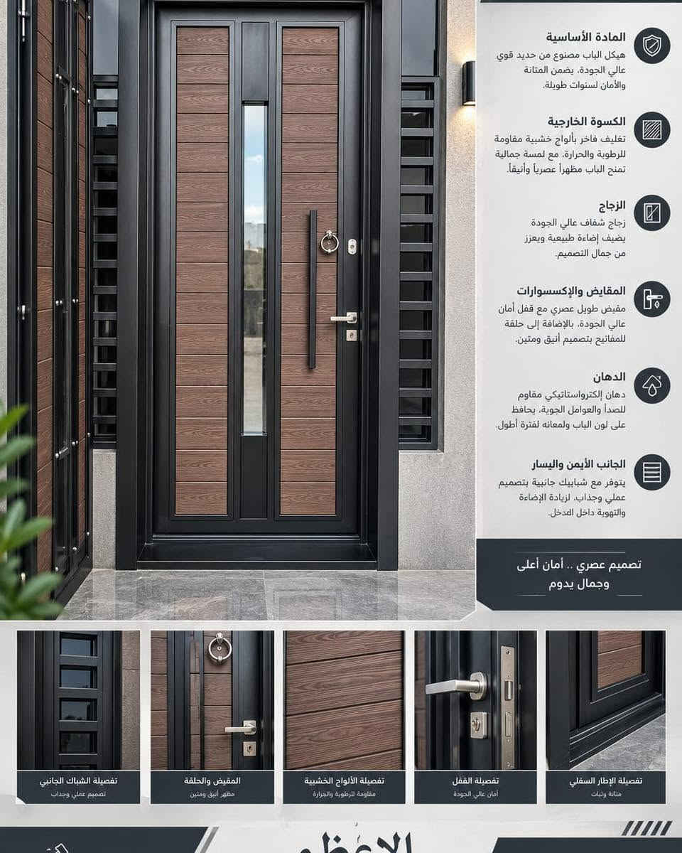 أبواب حديدية مودرن • خشب وحديد • تفصيل حسب المقاس