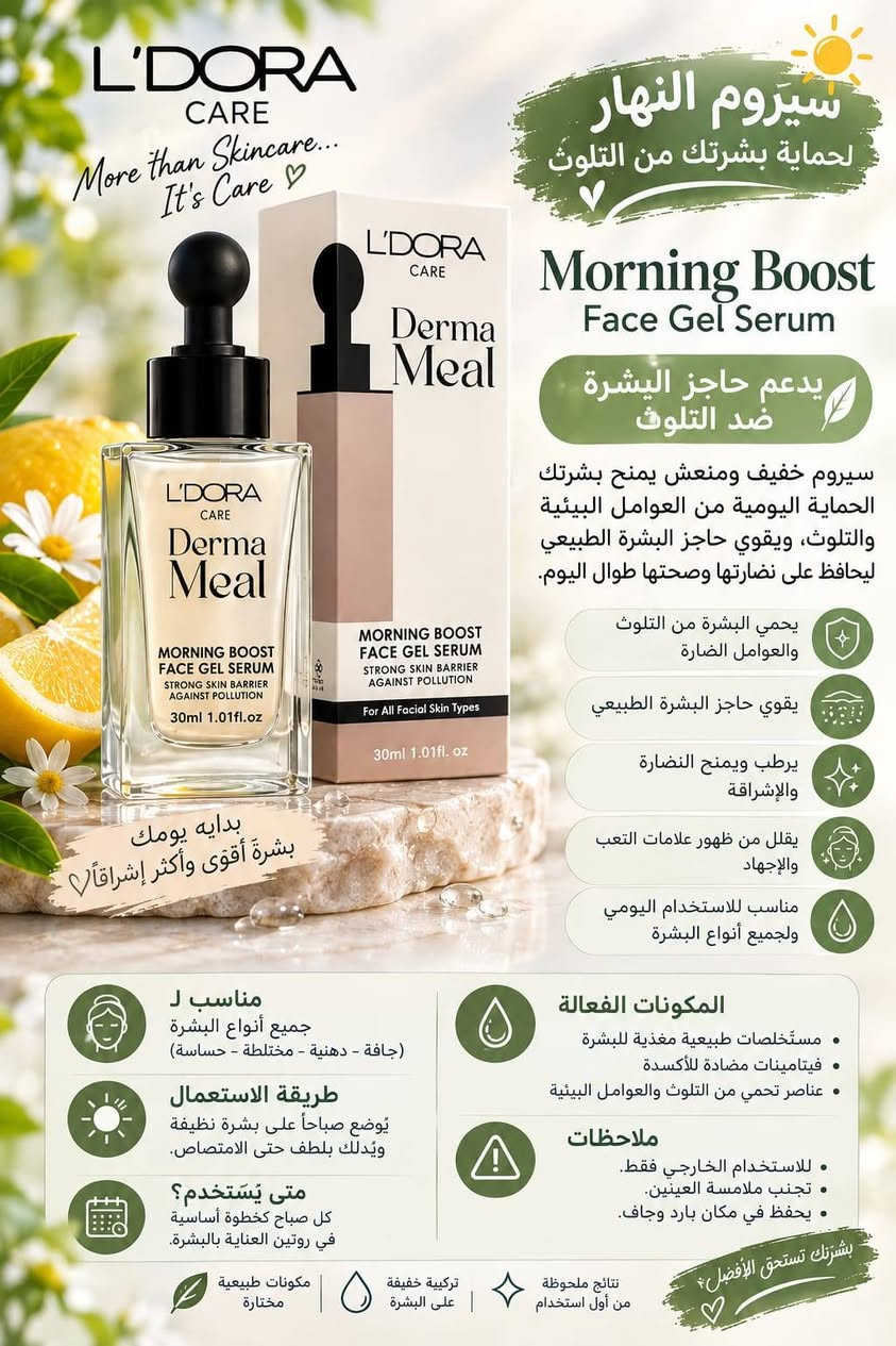 منتجات عناية لدورا 
علاجيه تجميليه شعر وجسم وبشره 
ويحل جميع مشاكلكم ✨
شامبو 
مرطب شد ونضاره للبشره 
سيروم جل الفيتامينات 
غسول وجه 
تونر لتنظيف شوائب البشره وتصغير المسام للبشرهالدهنية وجافه

 ✨ https://whatsapp.com/channel/0029VbD3tqFL2AU7VU7ji83Eللحجز مراسلة الصفحة على الخاص 
أو مراسلة الرقم وتساب ***********
التوصيل داخل بسمايه  الف 
توصيل بغداد 5

نص مكتوب في الصور:
- كافي بس تاخذ هذا الليفتينغ حتى هم بشرتك ترطب تنتج كولاجين تليفت (تشد) بشرتك تفتحها درجة و بيه فيتامينات همين وأهم من كل هذا طبيعي ما يضر بشرتك، وبي هواي فوائد ثانية
- L'DORA HERBAL ماسك لدوره عناية متكاملة لشعر صحي وجميل تركيبة غنية بالطبيعة والعلم لأجمل شعر ينعم الشعر ويمنحه إشراقة يرطب بعمق ويمنع الجفاف يغذي ويقوي من الجذور مكونات طبيعية فعالة ماسك لدورة هربال بالأعشاب المنعم والمقوي للشعر ماسك بروتين وكرياتين مناسب لجميع أنواع الشعر L'DORA HERBAL HAIR MASK MOISTURIZING AND NOURISHING STRENGTHENS, REPAIRS SOFTENS, BOOSTS SHINE ANTI-STATIC 200 ml يقوي الشعر يصلح الشعر ينعم الشعر إشراقة الشعر مضاد للكهرباء الساكنة طريقة الاستخدام بعد الاستحمام، في حال كان ممن الشعر رطباً ذلك الشعر بكمية مناسبة من الماسك ولا يحتاج الماسك إلى الشطف بالماء. المكونات صمغ الكثيرة . خلاصة إكليل الجيل . خلاصة الورد الإسيرين متعدد . سوربات . فنيل ميثيكون زيت اللوز الحلو . كلوريد السيتريمونيوم فيتوكسي إيثانول . فيتامين إي شعر ناعم، قوي، صحي وإشراقة طبيعية مناسب لجميع أنواع الشعر خاصة الشعر التالف والجاف والمصبوغ يصلح ويغذي الشعر بعمق يمنح الشعر نعومة وحيوية ولمعاناً L'DORA HERBAL KERATIN AND PROTEIN HAIR MASK 200 ml 30ak طريقة الاستخدام بعد غسل الشعر بالشامبو واشطفه جيدا. دلك الشعر به على الأقل 3 دقائق. بعد 5 دقائق اشطف شعرك جيدا. يستخدم لمدة مرتين في داخل الحمام المكونات كحول . سينوستيرينولي . كلوريد البيهدن . ميمونوم . فطدات فطدة، صمغي . خلاصة أكل الجيل . خلاصة الورد . سيكلوبتا سيليكسان . سيليكون . كواتريوم . جلسرين . كلوريد أسيتريمونيوم . البروبلين . غليفول . حلمات بروتين الحرير زيت اللوز الحلو . زيت صصلنة القمح . بينوكسي . إيثانول حلمات الكرياتين . عطر الماء . منزوع الأبونات ترميم عميق، تغذية، حماية ولمعان يدوم اختاري الأنسب لشعرِك كل يوم يمنح الشعر النعومة واللمعان يحمي فروة الراس من المشاكل يغذي ويقوي من الجذور مكونات طبيعية فعالة اختاري ماسكك المفضل وتمتعي بشعر مثالي كل يوم
- L'DORA CARE More than Skincare... It's Care سيروم النهار لحماية بشرتك من التلوث Morning Boost Face Gel Serum يدعم حاجز البشرة ضد التلوث سيروم خفيف ومنعش يمنح بشرتك الحماية اليومية من العوامل البيئية والتلوث، ويقوي حاجز البشرة الطبيعي ليحافظ على نضارتها وصحتها طوال اليوم. يحمي البشرة من التلوث والعوامل الضارة يقوي حاجز البشرة الطبيعي يرطب ويمنح النضارة والإشراقة يقلل من ظهور علامات التعب والإجهاد مناسب للاستخدام اليومي ولجميع أنواع البشرة بداية يومك ببشرة أقوى وأكثر إشراقاً المكونات الفعالة مستخلصات طبيعية مغذية للبشرة فيتامينات مضادة للأكسدة عناصر تحمي من التلوث والعوامل البيئية ملاحظات للاستخدام الخارجي فقط. تجنب ملامسة العينين. يحفظ في مكان بارد وجاف. مناسب لجميع أنواع البشرة (جافة - دهنية - مختلطة - حساسة) طريقة الاستعمال يوضع صباحاً على بشرة نظيفة ويدلك بلطف حتى الامتصاص. متى يُستخدم؟ كل صباح كخطوة أساسية في روتين العناية البشرة. نتائج ملحوظة من أول استخدام تركيبية خفيفة على البشرة مكونات طبيعية مختارة بشرتك تستحق الأفضل
- L'DORA CARE تونر شجرة الشاي للبشرة العادية والجافة نقاء.. ترطيب.. توازن تنظيف عميق للمسام يزيل الشوائب والزيوت الزائدة ويمنع انسداد المسام ترطيب وتغذية يحتوي على حمض الهيالورونيك لترطيب عميق وملمس ناعم خلاصة شجرة الشاى تساعد على تهدئة البشرة وحمايتها من البكتيريا خال من المواد الضارة خالي من البارابين والعطور لطيف وآمن على البشرة مكونات طبيعية وخلاصة آمنة ينعش البشرة ويمنحها إشراقة يناسب البشرة العادية والجافة @ll.tyb بشرة نقية.. ناعمة.. وصحية كل يوم
