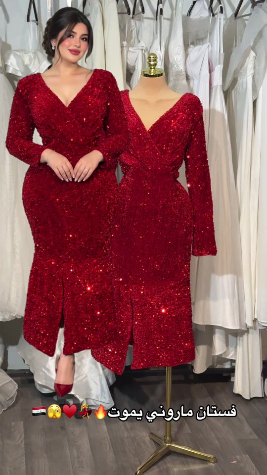 فستان ماروني • مقاسات XL-5XL • فساتين سهره