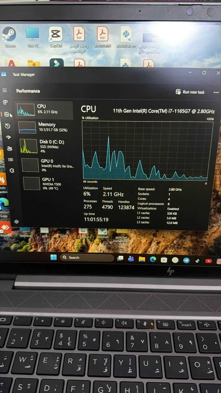 السلام عليكم لابتوب HB ZBOOK حجم الشاشه 15.6 

• المعالج: Intel Core i7-1165G7
• عدد الأنوية والمشارات: 4Cores / 8Threads - 12MB Cache
• الرام: 32GB DDR4
• التخزين: 512GB NVMe SSD (SK hynix)
• كرت الشاشة المنفصل: NVIDIA T500 (4GB)
• كرت الشاشة المدمج: Intel Iris Xe Graphics
السعر 850 الف مكاني بغداد الغدير 
تواصل ***********

نص مكتوب في الصور:
- Task Manager
- Performance
- CPU
- 9% 1.63 GHz
- Memory
- 10.1/31.7 GB (32%)
- Disk 0 (C: D:)
- SSD (NVMe)
- 3%
- GPU 0
- Intel(R) Iris(R) Xe Gra...
- 0%
- GPU 1
- NVIDIA T500
- 0% (49 °C)
- 32.0 GB DDR4
- 31.7 GB
- Memory usage
- 60 seconds
- Memory composition
- In use (Compressed)
- 10.1 GB (20.9 MB)
- Available
- 21.5 GB
- Speed:
- 2667 MT/s
- Slots used:
- 2 of 2
- Form factor:
- SODIMM
- Committed
- 9.1/33.7 GB
- Cached
- 4.5 GB
- Hardware reserved:
- 320 MB
- Paged pool
- 448 MB
- Non-paged pool
- 783 MB
- Run new task
- Search
- Task Manager Performance Run new task CPU 6% 2.11 GHz Memory 10.1/31.7 GB (32%) Disk 0 (C: D:) SSD (NVMe) 4% GPU 0 Intel(R) Iris(R) Xe Gra... 0% GPU 1 NVIDIA T500 0% (49 °C) CPU 11th Gen Intel(R) Core(TM) i7-1165G7 @ 2.80GHz % Utilization 100% 60 seconds 0 Utilization 6% Speed 2.11 GHz Base speed: 2.80 GHz Sockets: 1 Cores: 4 Processes Threads Handles Logical processors: 8 275 4790 123874 Virtualization: Enabled Up time L1 cache: 320 KB 11:01:55:19 L2 cache: 5.0 MB L3 cache: 12.0 MB Search Steam This PC CapCut PDF PDF m abdullah abdullah m في السعر عرضى ... واجب الرسم الهندسي مصطفى يحيى حقوق A Anydesk Network plot home 2 مشروع abdullah abdullah mohammed
- Steam This PC CapCut واجب الرسم الهندسي abdullah abdullah m من ااسمر عرضي تسجيل شاشق RECORD Task Manager Performance Run new task CPU 19% 2.81 GHz Memory 10.1/31.7 GB (32%) Disk 0 (C: D:) SSD (NVMe) 2% GPU 0 Intel(R) Iris(R) Xe Gra... 0% GPU 1 NVIDIA T500 0% (49 °C) Disk 0 (C: D:) SK hynix PC711 HFS512GDE9X073N Active time 100% 60 seconds Disk transfer rate 100 MB/s 60 MB/s 60 seconds Active time 2% Average response time 2.5 ms Read speed 205 KB/s Write speed 754 KB/s Capacity: 477 GB Formatted: 477 GB System disk: Yes Page file: Yes Type: SSD (NVMe) WhatsApp Web Google Chrome CPUID powerMA Microsoft Edge AnyDesk network plot home pdf abdullah abdullah mohammed Q Search
- 15% 1.84 GHz
- 10.4/31.7 GB (33%)
- 5%
- 0% (47 °C)
- GPU
- Intel(R) Iris(R) Xe Graphics
- 3D
- Copy
- Video Decode
- Video Processing
- Shared GPU memory
- 15.8 GB
- Utilization
- GPU Memory
- 0.6/15.8 GB
- Driver version:
- Driver date:
- DirectX version:
- Physical location:
- 32.0.101.7084
- 1/15/2026
- 12 (FL 12.1)
- PCI bus 0, devic...
