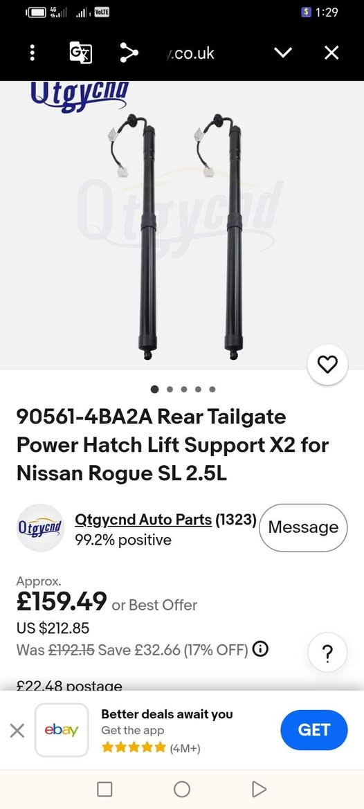 جه ك ده ركاي دواوه سه ياره 2دانه *********** السليمانية, العراق

نص مكتوب في الصور:
- 90561-4BA2A Rear Tailgate Power Hatch Lift Support X2 for Nissan Rogue SL 2.5L Qtgycnd Auto Parts (1323) 99.2% positive Message Approx. £159.49 or Best Offer US $212.85 Was £192.15 Save £32.66 (17% OFF) £22.48 postage Better deals await you Get the app (4M+)