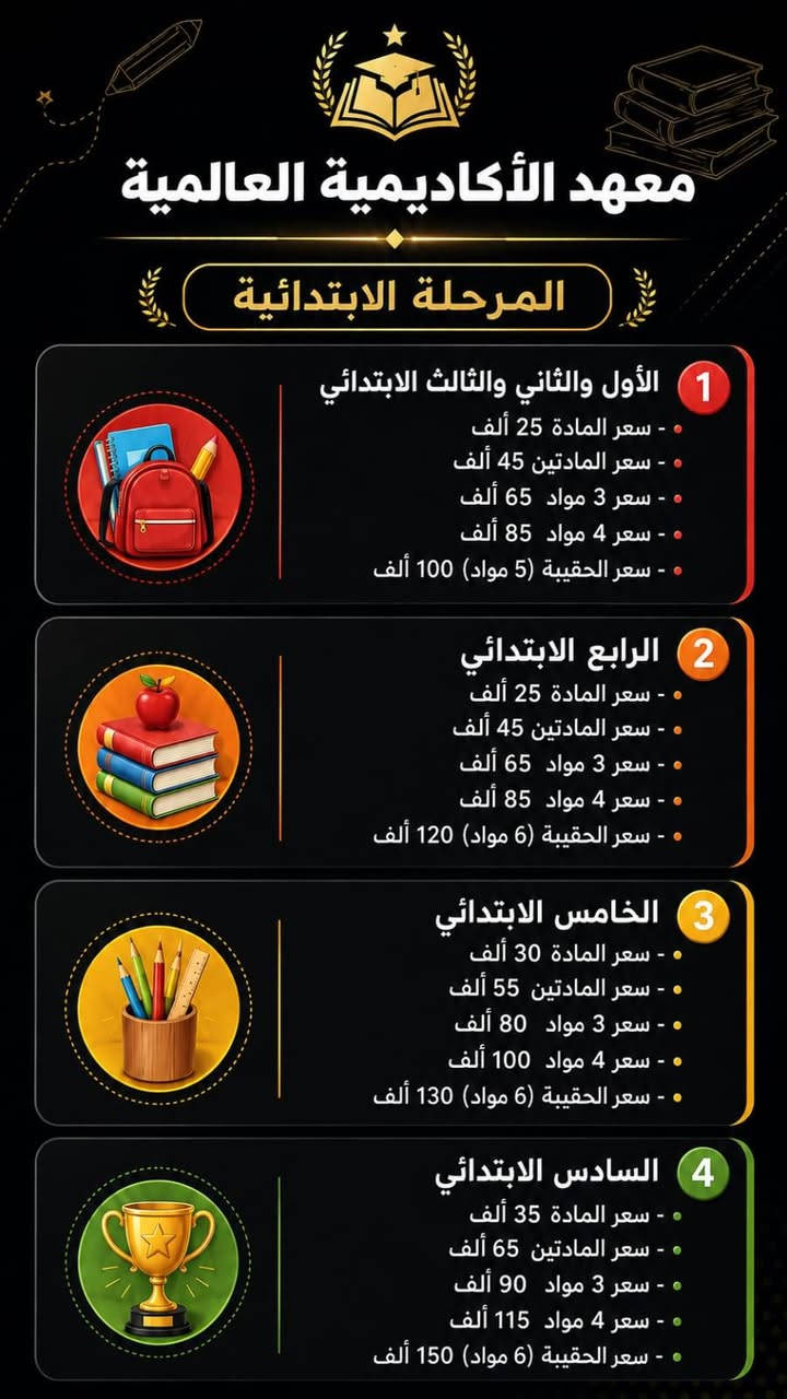 📚✨ مستقبل طفلك يبدأ من هنا! ✨📚
هل تبحثين عن مكان يهتم بدراسة طفلك، مستواه، وتطوّره؟ 💛
📖 معهدنا التعليمي يقدّم لكم بيئة دراسية مميزة ومتابعة مستمرة للطلبة من أجل تحقيق أفضل النتائج.

🎓 دروس لجميع المراحل الدراسية
👩🏻‍🏫 كادر تدريسي متميز
📝 شرح مبسّط ومراجعات مستمرة
📚 متابعة للواجبات والامتحانات
🎯 تقوية ومعالجة نقاط الضعف
✨ أجواء تعليمية محفّزة ومناسبة للطلبة

📌 التسجيل مفتوح الآن
سارعوا بحجز مقعد أبنائكم قبل اكتمال العدد! 🤍

📍 العنوان: [منطقة 120 مقابيل مدرسة ميسلون والشريف الرضي الابتدائية ]
📞 للاستفسار والتسجيل: [***********]
