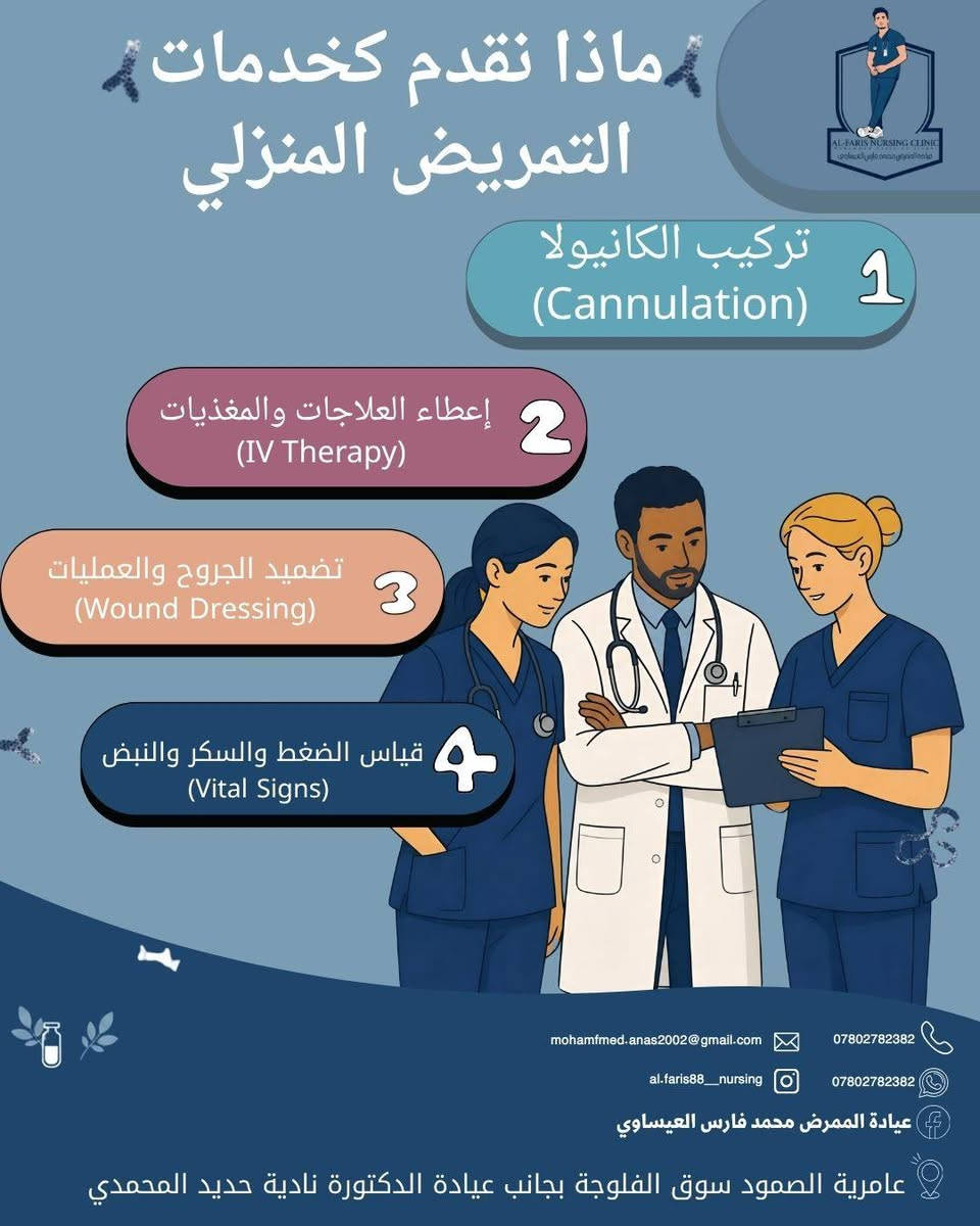 #اعلان_هام
​🏠 الراحة والرعاية الطبية.. لحد باب بيتك في عامرية الصمود! 💙
​لأن راحتكم وراحة كبار السن والمرضى هي غايتنا الأولى، تقدم لكم عيادة الممرض محمد فارس العيساوي خدمة التمريض المنزلي المتكامل (Home Nursing Care) داخل قضاء عامرية الصمود بنفس الدقة والاحترافية والمعايير المعقمة داخل العيادة.
​نصل إليكم أينما كنتم داخل القضاء لنخفف عنكم وعن عوائلكم مشقة التنقل والإجهاد!
​🩺 ماذا نقدم لكم في خدمة التمريض المنزلي؟
​تركيب الكانيولا (Cannulation)  
​إعطاء العلاجات والمغذيات (IV Therapy)  
​تضميد الجروح والعمليات (Wound Dressing)  
​قياس الضغط والسكر والنبض (Vital Signs)  
​سحب الدم للتحاليل (Blood Sampling)  
​وضع أنبوب التغذية والقسطرة (NG Tube & Catheter)  
​العلاج الطبيعي والتأهيل (Physiotherapy)  
​التمريض المنزلي الشامل (Home Nursing)  
​✨ صحتكم وراحة عوائلكم أمانة نعتز بها.. راحتك تبدأ من بيتك.  
​📞 للاتصال والاستفسار: ***********
💬 واتساب: ***********
📸 انستغرام: al.faris88__nursing
👤 فيسبوك: عيادة الممرض محمد فارس العيساوي
📍 العنوان: قضاء عامرية الصمود - سوق الفلوجة - بجانب عيادة الدكتورة نادية حديد المحمدي  
عيادة الممرض محمد فارس العيساوي

نص مكتوب في الصور:
- التمريض المنزلي
- mohamfmed.anas2002@gmail.com
- ***********
- al.faris88__nursing
- عامرية الصمود سوق الفلوجة بجانب عيادة الدكتورة نادية حديد المحمدي
- AL-FARIS NURSING CLINIC
- الراحة والرعاية الطبية.. لحد باب بيتك!
- لأن راحتكم وراحة كبار السن والمرضى هي غايتنا، تقدم لكم عيادة الممرض محمد فارس العيساوي خدمة التمريض المنزلي المتكامل (Home Nursing Care) بنفس الدقة والمعايير المعقمة الموجودة داخل العيادة.
- نحن نصل إليكم لتوفير عناية تمريضية شاملة تخفف عنكم مشقة التنقل والإجهاد.
- كل ماعليك سوى الاتصال
- ماذا نقدم خدمات التمريض المنزلي 1 تركيب الكانيولا (Cannulation) 2 إعطاء العلاجات والمغذيات (IV Therapy) 3 تضميد الجروح والعمليات (Wound Dressing) 4 قياس الضغط والسكر والنبض (Vital Signs) mohamfmed.anas2002@gmail.com al.faris88__nursing عيادة الممرض محمد فارس العيساوي *********** *********** عامرية الصمود سوق الفلوجة بجانب عيادة الدكتورة نادية حديد المحمدي
- AL-FARIS NURSING CLINIC عيادة الممرض محمد فارس العيساوي ماذا نقدم كخدمة تمريض منزلي 5 سحب الدم للتحاليل (Blood Sampling) 6 وضع أنبوب التغذية والقسطرة (NG Tube & Catheter) 7 العلاج الطبيعي والتأهيل (Physiotherapy) 8 التمريض المنزلي الشامل (Home Nursing) mohamfmed.anas2002@gmail.com *********** al.faris88__nursing *********** عيادة الممرض محمد فارس العيساوي عامرية الصمود سوق الفلوجة بجانب عيادة الدكتورة نادية حديد المحمدي
- صحتكم وراحة عوائلكم أمانة نعتز بها.. راحتك تبدأ من بيتك.