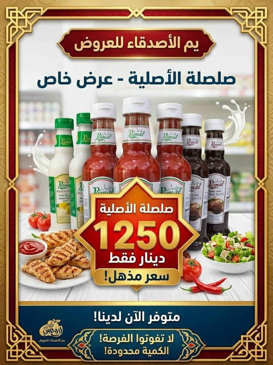 اللهم صلي على محمد وآل محمد الطيبين الطاهرين وصول مجموعه من العروض يم محلات الأصدقاء
الفرع الأول السوك مقابل استاذ سالم
الفرع الثاني شارع السايدين مقابل فرع المحكمه مركز البيع
***********

نص مكتوب في الصور:
- يم الأصدقاء للعروض جبن الحاوية - عرض خاص! السعر السابق 1500 السعر الحالي 500 دينار فقط!
- خبز صاج - عرض خاص 1000 دينار فقط م الأصدقاء للعروض خبز صاج متوفر الآن لدينا!
- فنكر ايراني ممتاز
- عرض خاص
- 1000
- دينار فقط!
- يم الأصدقاء للعروض
- الكفيل يم الأصدقاء للعروض فخاذ شركة الكفيل - عرض خاص سعر 3000 دينار فقط! يم الأصدقاء للعروض متوفر الآن! زورونا اليوم! ممع متجتر المتدر بله.ونداسة - العمبس الأصدقاء للعروض الصعيقات - *********** - Info ***********
- مر الأصدقاء للعروض - عرض خاص سعر 1000 دينار فقط! كريمة شانتي كاكاو - HANA متوفر الآن لدينا! لا تفوتوا الفرصة! زورونا اليوم!
- يم الأصدقاء للعروض معجون الحجم الكبير - عرض خاص 2500 دينار فقط متوفر الآن لدينا! الكمية محدودة! زورونا اليوم!
- زاهي اصلي - عرض خاص 1000 دينار فقط يم الأصدقاء للعروض متوفر الآن لدينا! الكمية محدودة!
- زيتون أسود شرائح عرض خاص سعر 750 دينار فقط يم الأصدقاء للعروض زورونا اليوم! متوفر الآن لدينا!
- يم الأصدقاء للعروض صلصلة الأصلية - عرض خاص صلصلة الأصلية 1250 دينار فقط سعر مذهل! متوفر الآن لدينا! لا تفوتوا الفرصة! الكمية محدودة!