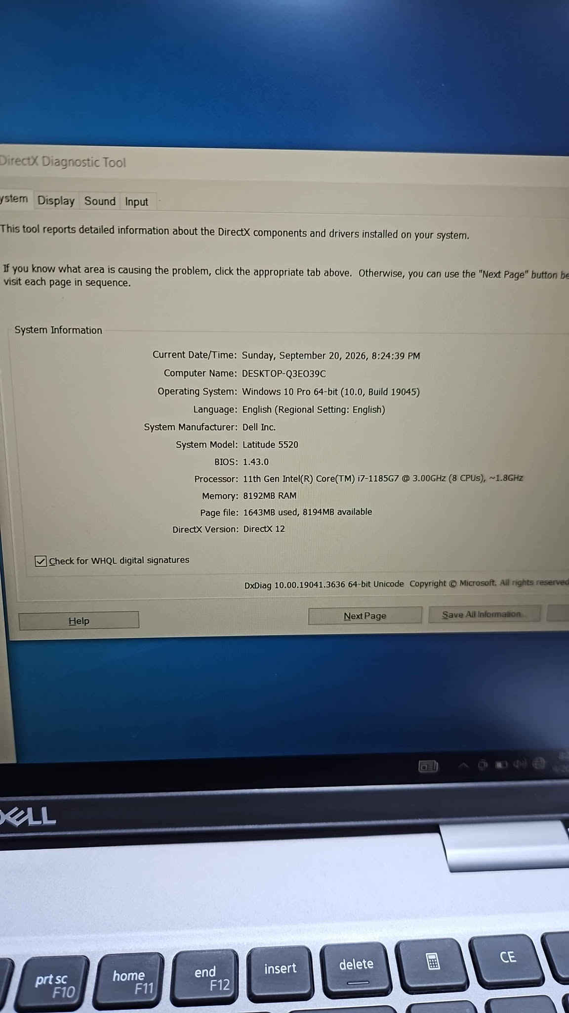 لابتوب Dell Latitude 5520 – الأداء والاعتمادية بين يديك!
إذا كنت تدور على لابتوب يجمع بين الأداء العالي، القوة، والشكل الأنيق، فهذا الجهاز هو خيارك المثالي. صُمم خط Dell Latitude خصيصًا ليتحمل العمل الشاق ويوفر لك أعلى مستويات الاعتمادية اليومية.
أبرز المواصفات:
المعالج: Intel Core i7-1185G7 (الجيل الحادي عشر) – أداء قوي وسريع جدًا للera المهام المتعددة والتصفح الثقيل.
الذاكرة العشوائية (RAM): 8GB DDR4 – سلاسة فائقة في التنقل بين التطبيقات.
التخزين: 256GB NVMe SSD – إقلاع خاطف للنظام وسرعة عالية في نقل الملفات.
كرت الشاشة: Intel Iris Xe Graphics – أداء ممتاز لمونتاج الفيديوهات الخفيفة، التصميم، وتشغيل الألعاب المتوسطة بكفاءة.
الشاشة: 15.6 بوصة بدقة FHD (1080p) – ألوان واضحة ومريحة للعين مع مساحة رؤية واسعة.
لماذا تختار هذا الجهاز؟
تصميم عملي ومتين: خامات تصنيع ممتازة تتحمل الاستخدام اليومي المستمر.
سلاسة في الأداء: معالج i7 من الجيل الحادي عشر يضمن لك كفاءة عالية في إنجاز أعمالك أو دراستك دون أي تأخير.
جاهز للاستخدام: يأتي الجهاز بفحص كامل وجاهز لتلبية كل متطلباتك.
السعر والعرض الخاص:
السعر: 450 ألف دينار عراقي فقط
التوصيل: واصل وشامل لكافة المحافظات (السعر شامل التوصيل بالكامل). بغداد, العراق

نص مكتوب في الصور:
- Task Manager File Options View Processes Performance App history Startup Users Details Services CPU 1% 1.42 GHz CPU 11th Gen Intel(R) Core(TM) i7-1185G7 @ 3.00GHz Memory 1.8/7.7 GB (23%) Disk 0 (C:) SSD 1% Wi-Fi Wi-Fi 2 % Utilization 100% 60 seconds Utilization Speed Base speed 1.80 GHz 1% 1.43 GHz Sockets: 1 Cores: 4 Processes Threads Handles Logical processors 8 131 1481 46298 Virtualization Enabled L1 cache: 320 KB Up time L2 cache: 5.0 MB 20:03:48:02 L3 cache: 12.0 MB Fewer details Open Resource Monitor O Type here to search DX DirectX Diagnostic Tool System Display Sound Input This tool reports detailed information about the DirectX components and drivers installed on your system. If you know what area is causing the problem, click the appropriate tab above. Otherwise, you can use the "Next Page" button below to visit each page in sequence. System Information Current Date/Time: Sunday, September 20, 2020, 8:24:39 PM Computer Name: DESKTOP-Q3DC69C Operating System: Windows 10 Pro 64-bit (10.0, Build 19041) Language: English (Regional Setting: English) System Manufacturer: Dell Inc. System Model: Latitude 5520 BIOS: 1.4.0 Processor: 11th Gen Intel(R) Core(TM) i7-1185G7 @ 3.00GHz (8 CPUs), ~1.8GHz Memory: 8192MB RAM Page File: 1043MB used, 8199MB available DirectX Version: DirectX 12 Check for WHQL digital signatures Help Save All Information Next Page Exit 8:25 PM 9/20/2020
- DirectX Diagnostic Tool ystem Display Sound Input This tool reports detailed information about the DirectX components and drivers installed on your system. If you know what area is causing the problem, click the appropriate tab above. Otherwise, you can use the "Next Page" button be visit each page in sequence. System Information Current Date/Time: Sunday, September 20, 2026, 8:24:39 PM Computer Name: DESKTOP-Q3EO39C Operating System: Windows 10 Pro 64-bit (10.0, Build 19045) Language: English (Regional Setting: English) System Manufacturer: Dell Inc. System Model: Latitude 5520 BIOS: 1.43.0 Processor: 11th Gen Intel(R) Core(TM) i7-1185G7 @ 3.00GHz (8 CPUs), ~1.8GHz Memory: 8192MB RAM Page file: 1643MB used, 8194MB available DirectX Version: DirectX 12 Check for WHQL digital signatures DxDiag 10.00.19041.3636 64-bit Unicode Copyright (C) Microsoft. All rights reserved Help Next Page Save All Information