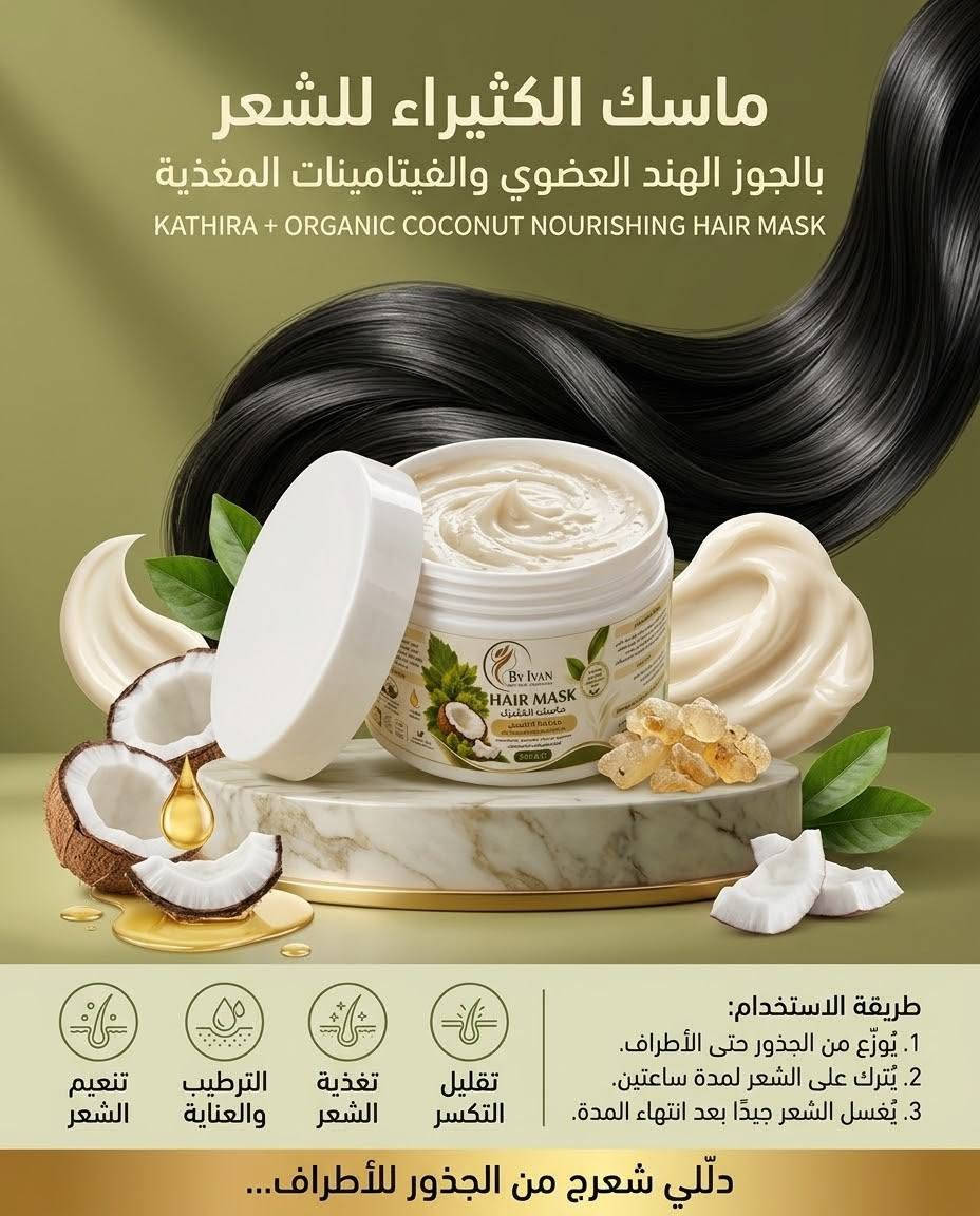 اللهم صلِّ وسلم على نبينا محمد ﷺ 🤍

🔥 عروض قوية من BY IVAN NATURAL PRODUCTS 🔥

حبايبنا، نزلنالكم عروض مميزة وأسعار قوية على مجموعة مختارة من منتجاتنا للعناية بالشعر والبشرة 🌿

📸 تفاصيل المنتجات مكتوبة بالصور، والأسعار موجودة تحت كل صورة.

⚠️ العروض تشمل المنتجات الموضحة فقط.

لا تفوتون الفرصة، اختاروا منتجاتكم المفضلة وراسلونا للطلب 🛍️💚
ملاحظة: كل المنتجات نفس الصور بدون اختلاف ❤️
BY IVAN NATURAL PRODUCTS

نص مكتوب في الصور:
- الجمال الطبيعي، العناية الفائقة
- يحتوي على:
- • بروتين الحرير الطبيعي
- • زبدات طبيعية
- • البانثينول - فيتامين B5
- معالج: يمنح الشعر قوة ولمعان
- طبيعي
- خال من البارابين
- سرّ شعرك اللامع
- HAIR CONDITIONER
- بلسم الشعر
- 300 ml
- كريم بديل الزيت بجوز الهند العضوي والمكاديميا ترطيب الشعر الجاف النعومة الحريرية السيطرة على الهيشان سهولة التصفيف النعومة الحريرية ودّعي مظهر الجفاف والهيشان... ودلّلي شعراج بنعومة ولمعان جوز الهند والمكاديميا.
- ماسك الكثيرا للشعر بالجوز الهند العضوي والفيتامينات المغذية KATHIRA + ORGANIC COCONUT NOURISHING HAIR MASK طريقة الاستخدام: 1. يُوزّع من الجذور حتى الأطراف. 2. يُترك على الشعر لمدة ساعتين. 3. يُغسل الشعر جيدًا بعد انتهاء المدة. تنعيم الشعر الترطيب والعناية تغذية الشعر تقليل التكسر دلّلي شعرج من الجذور للأطراف...
- BY IVAN NATURAL PRODUCTS زبدة الشعر بالشيا والأفوكادو SHEA & AVOCADO NOURISHING HAIR BUTTER تركيبة غنية للعناية بالشعر، تساعد على ترطيبه وتغذيته وحمايته من تأثيرات العوامل الخارجية، لتمنحه مظهرًا صحيًا وناعمًا ولامعًا. زبدة الشيا + الأفوكادو / SHEA BUTTER + AVOCADO BY IVAN HAIR BUTTER العناية بالشعر من المؤثرات الخارجية: تساعد على تقليل تأثير الجفاف والاحتكاك والعوامل البيئية التي قد تؤثر في مظهر الشعر وملمسه. ترطيب الشعر: تساعد على تنعيم الشعر والحد من الشعور بالجفاف والخشونة. تغذية الشعر: تمنح الشعر عناية غنية تساعد على تحسين ملمسه ومظهره. العناية بأطراف الشعر: تساعد على تحسين مظهر الأطراف الجافة والمتعبة وتقليل التكسر الناتج عن الاحتكاك والتصفيف. سهولة التصفيف: تساعد على جعل الشعر أكثر انسيابية ومرونة وأسهل في الترتيب. النعومة واللمعان: تساعد على منح الشعر ملمسًا حريريًا ومظهرًا أكثر حيوية ولمعانًا. تقليل التشابك: تساعد على تسهيل تصفيف الشعر وتقليل الاحتكاك أثناء التمشيط. مظهر صحي وحيوي: تمنح الشعر مظهرًا مرتبًا وناعمًا ولامعًا. - حماية وعناية من الطبيعة... دللي شعرج بغنى الشيا والأفوكادو... نعومة تغلف شعرج ولمعان يبرز جماله. لعناية تمنحه النعومة والحيوية.
- زبدة الشعر بالحمضيات واللوز الحلو CITRUS & SWEET ALMOND NOURISHING HAIR BUTTER زبدة الحمضيات + زبدة اللوز الحلو CITRUS BUTTER + SWEET ALMOND BUTTER تركيبة غنية للعناية بالشعر وتسهيل تصفيفه، تمنحه ملمسًا ناعمًا ومظهرًا صحيًا ولامعًا. تساعد على تغذية الشعر ومنحه ملمسًا ناعمًا وحريريًا. تمنح الشعر نعومة عالية وتساعد على تحسين ملمسه. تساعد على تسهيل تصفيف الشعر وتقليل التشابك. تساعد على تقليل الاحتكاك الذي قد يساهم في تكسر الشعر أثناء التصفيف. تمنح الشعر مظهرًا أكثر حيوية ولمعانًا. تساعد على تنعيم أطراف الشعر وتحسين مظهرها. مناسبة للعناية بالشعر ومنحه مظهرًا مرتبًا وانسيابيًا. «نعومة تدلّل شعرج... ولمعان يبرز جماله، مع عناية الحمضيات واللوز الحلو.»
- شامبو نواة التّمر للعناية بالشّعر الدّهني والمُختلط By Ivan DATE SEED + ALOE VERA + VITAMIN B5 مع خلاصات طبيعية مغذيّة للشعر يُساعد على تنظيف فروة الرأس من الدهون الزائدة والشوائب. يمنح الشعر إحساسا بالنظافة والانتعاش. يُساعد على ترطيب الشعر وتحسين ملمسه ونعومته. يدعم العناية بالشعر الصحي ويساعد على تقليل مظهر التقصف والتكسّر. عناية متكاملة للشعر الدهني والمختلط. نظافة وانتِعاش لفروة رأسِج... وعنايةٍ لشعرٍ أكثر حيويّةً ولمعانًا.
- Green Tea Extract: Helps balance sebum and purify skin. خلاصة الشاى الأخضر: يساعد علي توازن إفراز الدهون وتنقية البشرة. Zinc PCA: Helps reduce the appearance of large pores and control sebum. زنك بي سي إيه: زنك بي سي إيه: يساعد على تقليل مظهر المسامات الواسعة والتحكم في الدهون. Aloe Vera: Helps soothe and hydrate without oily shine. الصبار: يساعد على تهدئة البشرة وترطيبها بدون لمعان زيتي. Nourishing Vitamins: Helps nourish and maintain healthy radiance. فيتامينات مغذية: على تساعد على تساعد على تغذية البشرة والحفاظ على نضارتها الصحية. deep pore cleansing and size reduction تنظيف عميق للمسامات وتقليل مظهرها الواسع sebum regulation for balanced skin تنظيم وإعادة توازن الدهون calming and reduced shine تهدئة البشرة وتقليل اللمعان balanced hydration and vitamin nourishment ترطيب متوازن وتغذية مضاعفة for clear, smooth, and vibrant skin مظهر صافٍ وناعم ومفعم بالحيوية
- ميريدا... سر العناية بشعرك من الجذور
- سيروم مغذّ لدعم كثافة الشعر وحيويته
- MERIDA HAIR GROWTH & DENSITY SERUM
- 12 NOURISHING OILS + HAIR VITAMINS
- قوة الزيوت الطبيعية - 12 Nourishing Oils
- نعمومة وتغذية - Sweet Almond Oil
- ترطيب وعناية - Castor Oil
- عناية نباتية متكاملة - Sesame Oil
- عناية متكاملة لشعر الرأس واللحية
- تغذية وحيوية - Hair Vitamins
- عناية مركّزة من الجذور... لشعر أكثر كثافة وحيويّة
- تونر إنبات وكثافة الشعر والعناية بفروة الرأس
- Black Pepper Extract - عناية مركزة بالجذور
- Clove Extract - عناية نباتية بفروة
- Clove Extract
- Scalp Care - نظافة وانتعاظ
- Scalp Care
- Hair Density
- môôir katha - مظهر أكثر كثافة
- BLACK PEPPER EXTRACT + CLOVE EXTRACT