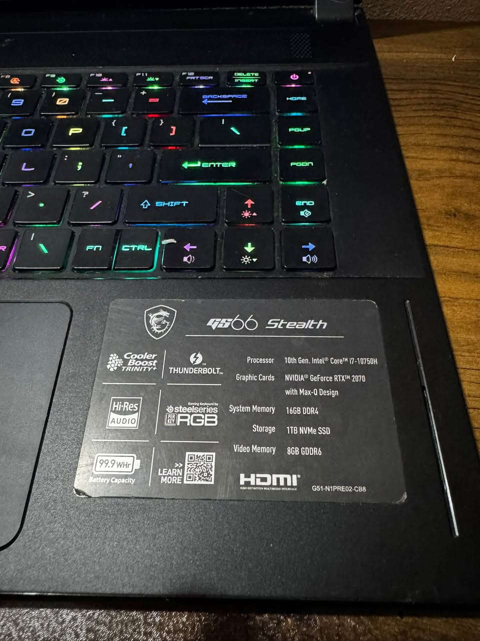 MSI GS66 Stealth
* i7-10750H – الجيل العاشر
* RTX 2070 Max-Q 8GB
* RAM 16GB DDR4
* SSD 1TB NVMe
* شاشة 15.6” FHD 240Hz
* RGB Keyboard
* Wi-Fi 6 + Bluetooth
عندي دكمتين بل كيبورد عاطل 
سعر كيبوردها 35 الف

سعرها 850 الف
مكاني بغداد الغدير
***********

نص مكتوب في الصور:
- الصوت ٣ إدخال برامج التشغيل الاسم: Force RTX 2070 with Max-Q Design الشركة المصنعة: NVIDIA نوع الشريحة: Force RTX 2070 with Max-Q Design نوع DAC: Integrated RAMDAC نوع الجهاز: جهاز العرض بالكامل إجمالي الذاكرة التقريبي: ١٦١٠٤ MB ذاكرة العرض (VRAM): ٨٠٠٦ MB الذاكرة المشتركة: ٨٠٩٨ MB حفظ كافة المعلومات... الصفحة التالية إنهاء