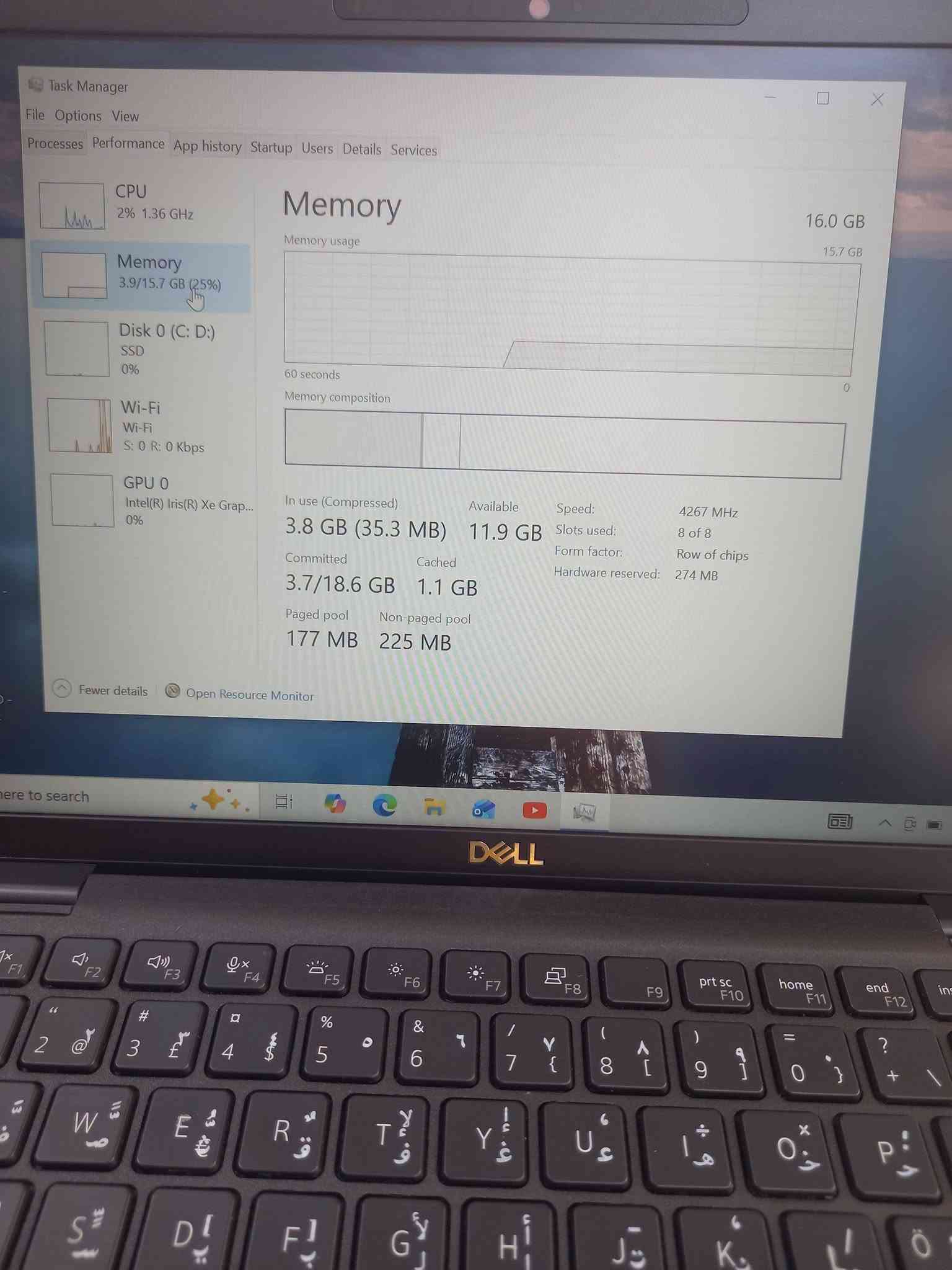 لابتوب دل 7420  dell
الجيل الحادي عشر 
المعالج كور اي 5 الجيل 11
الهارد    256    ssd  m.2
الرام  16  ddr4 
كارت الشاشة  8 شير 
حجم الشاشة  14 
الشاحنة اصلية 
يحتوي على منفذين تايب سي للشحن او نقل البيانات
نظام التشغيل ويندوز 10 عربي انكليزي 
الملحقات شاحنة تايب سي  وجنطة 
السعر  325

***********
***********
يوجد توصيل

متوفر 
تتوفر مجموعة لابتوبات بأسعار مناسبة ومواصفات مختلفة

نص مكتوب في الصور:
- About Your PC is monitored and protected. See details in Windows Security Installed RAM 16.0 GB Speed: 4267 MHz Processor 11th Gen Intel(R) Core(TM) i5-1145G7 @ 2.60GHz 1.50 GHz Graphics Card 128 MB Intel(R) Iris(R) Xe Graphics Storage 238 GB 50 GB of 238 GB used DESKTOP-N8FK656 Latitude 7420 Rename this PC Device Specifications Copy Device Name DESKTOP-N8FK656 Processor 11th Gen Intel(R) Core(TM) i5-1145G7 @ 2.60GHz 1.50 GHz
- About Device specifications Device Name DESKTOP-N8FK656 Processor 11th Gen Intel(R) Core(TM) i5-1145G7 @ 2.60GHz 1.50 GHz Installed RAM 16.0 GB (15.7 GB usable) Graphics Card Intel(R) Iris(R) Xe Graphics (128 MB) Storage 238 GB SSD KXG60ZNV256G NVMe KIOXIA 256GB Device ID 4EF9BCA7-B4D1-4473-A21B-C88272972659 Product ID 00325-97273-65845-AAOEM System Type 64-bit operating system, x64-based processor Pen and touch No pen or touch input is available for this display Frequently asked questions How does having 16 GB or more of RAM impact my PC's performance? Can I run modern applications smoothly with this RAM capacity? Is my GPU sufficient for high end gaming and video experience? How can having a dedicated GPU enhance my experience and productivity? Am I running the latest version of the Windows OS? What is the latest Windows version? Windows Specifications Copy
- Task Manager
- File Options View
- Processes Performance App history Startup Users Details Services
- CPU
- 3% 1.57 GHz
- Memory
- 3.9/15.7 GB (25%)
- Disk 0 (C: D:)
- SSD
- 1%
- Wi-Fi
- S: 0 R: 88.0 Kbps
- GPU 0
- Intel(R) Iris(R) Xe Grap...
- 0%
- % Utilization
- 60 seconds
- Utilization
- 3%
- Processes
- 165
- Speed
- 1.57 GHz
- Threads
- 2015
- Up time
- 0:00:38:42
- 11th Gen Intel(R) Core(TM) i5-1145G7 @ 2.60GHz
- Handles
- 66296
- Base speed:
- Sockets:
- Cores:
- Logical processors:
- Virtualization:
- Hyper-V support:
- L1 cache:
- L2 cache:
- L3 cache:
- 1.50 GHz
- 1
- 4
- 8
- Disabled
- Yes
- 320 KB
- 5.0 MB
- 8.0 MB
- Fewer details
- Open Resource Monitor
- e here to search
- 2% 1.36 GHz
- S: 0 R: 0 Kbps
- Memory usage
- 16.0 GB
- 15.7 GB
- 0
- Memory composition
- In use (Compressed)
- 3.8 GB (35.3 MB)
- Available
- 11.9 GB
- Speed:
- Slots used:
- Form factor:
- Hardware reserved:
- 4267 MHz
- 8 of 8
- Row of chips
- 274 MB
- Committed
- 3.7/18.6 GB
- Cached
- 1.1 GB
- Paged pool
- 177 MB
- Non-paged pool
- 225 MB
- here to search
- DELL
- Task Manager File Options View Processes Performance App history Startup Users Details Services CPU 1% 1.68 GHz Memory 3.9/15.7 GB (25%) Disk 0 (C: D:) SSD 0% Wi-Fi Wi-Fi S: 0 R: 0 Kbps GPU 0 Intel(R) Iris(R) Xe Grap... 0% GPU Intel(R) Iris(R) Xe Graphics 3D 0% Copy 0% Video Decode 0% Video Processing 0% Shared GPU memory usage 7.9 GB Utilization 0% GPU Memory 0.3/7.9 GB Shared GPU memory 0.3/7.9 GB Driver version: 32.0.101.7088 Driver date: 6/17/2026 DirectX version: 12 (FL 12.1) Physical location: PCI bus 0, device 2, function 0 Fewer details Open Resource Monitor
- DirectX Diagnostic Tool System Display Sound Input Device Name: Intel(R) Iris(R) Xe Graphics Manufacturer: Intel Corporation Chip Type: Intel(R) Iris(R) Xe Graphics Family DAC Type: Internal Device Type: Full Display Device Approx. Total Memory: 8183 MB Display Memory (VRAM): 128 MB Shared Memory: 8055 MB DirectX Features DirectDraw Acceleration: Enabled Direct3D Acceleration: Enabled AGP Texture Acceleration: Enabled Notes No problems found. Drivers Main Driver: igdumdim64.dll,igd10iumd64.dll,igd10 Version: 32.0.101.7088 Date: 6/16/2026 17:00:00 WHQL Logo'd: Yes Direct3D DDI: 12 Feature Levels: 12_1,12_0,11_1,11_0,10_1,10_0,9_3 Driver Model: WDDM 2.7 Help Next Page Save All Information... Exit