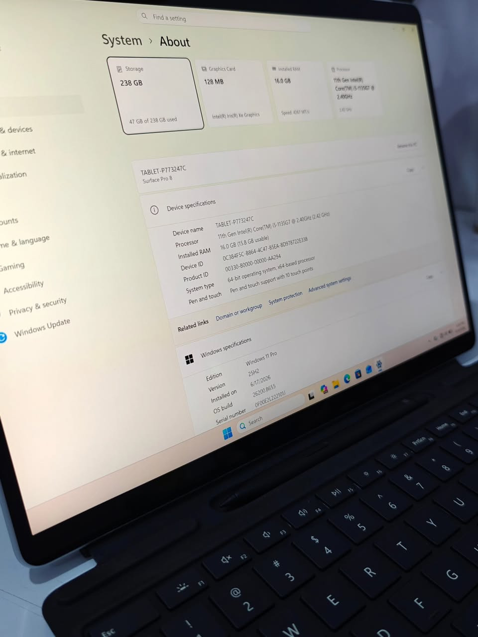 Microsoft Surface Pro 8 

* المعالج: Intel Core i5 (الجيل 11).
* الشاشة: 13 بوصة، لمس، تردد 120Hz، دقة عالية (2880×1920).
* الذاكرة (RAM): 16 جيجابايت.
* التخزين (SSD):   256  جيجابايت (قابل للترقية).
* البطارية: تصل إلى 16 ساعة استخدام.
* المنافذ: 2 × Thunderbolt 4 (USB-C)، ومنفذ الشحن السريع.
* الكاميرات: أمامية بدقة 5MP (بصمة وجه)، خلفية بدقة 10MP (فيديو 4K).

• عدد دورات شحن :15
الحالة : مستخدم بحاله جيدة جدا

الملحقات: كيبورد اصلي + شاحن + حافظة UAG اصليه

السعر : 850،000

https://t.me/epic_store2

نص مكتوب في الصور:
- Find a setting System > About Storage 238 GB 47 GB of 238 GB used Graphics Card 128 MB Intel(R) Iris(R) Xe Graphics Installed RAM 16.0 GB Speed: 4267 MT/s Processor 11th Gen Intel(R) Core(TM) i5-1135G7 @ 2.40GHz 2.40 GHz Rename this PC TABLET-P73247C Surface Pro 8 Copy Device specifications Device name TABLET-P73247C Processor 11th Gen Intel(R) Core(TM) i5-1135G7 @ 2.40GHz (2.42 GHz) Installed RAM 16.0 GB (15.8 GB usable) Device ID OC384F5C-B864-4C47-85EA-8D978722E338 Product ID 00330-80000-00000-AA294 System type 64-bit operating system, x64-based processor Pen and touch Pen and touch support with 10 touch points Copy Related links Domain or workgroup System protection Advanced system settings Windows specifications Edition Windows 11 Pro Version 25H2 Installed on 6/17/2026 OS build 26200.8655 Serial number OF00E2L22210IJ Search
- Find a setting
- System > About
- Storage
- 238 GB
- 47 GB of 238 GB used
- Graphics Card
- 128 MB
- Intel(R) Iris(Xe) Xe Graphics
- Installed RAM
- 16.0 GB
- Speed: 4267 MT/s
- Processor
- 11th Gen Intel(R)
- Core(TM) i5-1135G7 @
- 2.40GHz
- 2.42 GHz
- & devices
- & internet
- elization
- ounts
- me & language
- Gaming
- Accessibility
- Privacy & security
- Windows Update
- TABLET-P773247C
- Surface Pro 8
- Device specifications
- Device name
- 11th Gen Intel(R) Core(TM) i5-1135G7 @ 2.40GHz (2.42 GHz)
- 16.0 GB (15.8 GB usable)
- Device ID
- 0C384F5C-B864-4C47-85EA-8D978722E33B
- Product ID
- 00330-80000-00000-AA294
- System type
- 64-bit operating system, x64-based processor
- Pen and touch
- Pen and touch support with 10 touch points
- Related links
- Domain or workgroup
- System protection
- Advanced system settings
- Windows specifications
- Edition
- Windows 11 Pro
- Version
- 25H2
- Installed on
- 6/17/2026
- OS build
- 26200.8655
- Serial number
- 0F00E2L22210J
- Search
- attery report COMPUTER NAME TABLET-P773247C SYSTEM PRODUCT NAME Microsoft Corporation Surface Pro 8 BIOS 18.104.143 12/15/2022 OS BUILD 26100.1.amd64fre.ge_release.240331-1435 PLATFORM ROLE Slate CONNECTED STANDBY Supported REPORT TIME 2026-08-12 20:35:24 Installed batteries Information about each currently installed battery NAME BATTERY 1 SurfaceBattery MANUFACTURER SMP SERIAL NUMBER 0098335213 CHEMISTRY LION DESIGN CAPACITY 50,230 mWh FULL CHARGE CAPACITY 49,940 mWh CYCLE COUNT 15 Recent usage Power states over the last 7 days