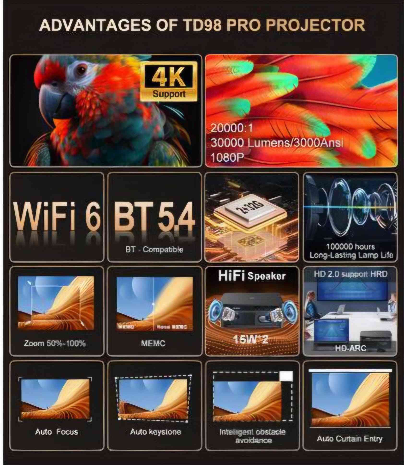 داتاشوو عملاق 3000Ansi 😍داتاشوو من شرکة ThundeaL نسخة TD98PRO
ThundeaL TD 98 Pro 
3000Ansi 
30000Lumens 
Google TV
Android TV
HDR 10 PLUS
یدعم خاصیة MEMC 😍
سماعاتة المحیطیة Dolby Audio 30W
100 الف ساعة عمرة عدسة
دقة نهاریة لایحتاج مکان مضلم 🤩
متوفر جدید غیر مستخدم 
الي یرید راسلني علی واتساب ; ***********
واحد من افضل و ارقی نوعیات داتاشوو ل کل العالم 😍

نص مكتوب في الصور:
- ThundeAL Home Stop Apps Click to speak 18:00 4K Support 2*15w Speaker Auto Focus 3000 Ansi Lumens Favourite apps NETFLIX prime video Google Play Store +
- ThundeaL 4K 4K decoding 2G+32G MEMC Support 3000 Ansi Lumens
- 15 Вт*2 динаміки. Захопливий 3D стереозвук. 15 Вт*2 DSP технологія Панорама VR на 360° 3D стерео Басова діафрагма
- ADVANTAGES OF TD98 PRO PROJECTOR 4K Support 20000:1 30000 Lumens/3000Ansi 1080P WiFi 6 BT 5.4 BT - Compatible 2+32G 100000 hours Long-Lasting Lamp Life Zoom 50%-100% MEMC HiFi Speaker 15W*2 HD 2.0 support HRD HD-ARC Auto Focus Auto keystone Intelligent obstacle avoidance Auto Curtain Entry
- Native 1920*1080P Projector 3000 ANSI brightness and support 4K decoding Image Noise Reduction +30% Brightness MEMC EMHANEO CLARITY REVIVIFICCATION 4K 4K decoding HDR IC+ Ours 1080P 30000 Lumens 20000:1 contrast others 1080P 15000 Lumens 10000:1 contrast