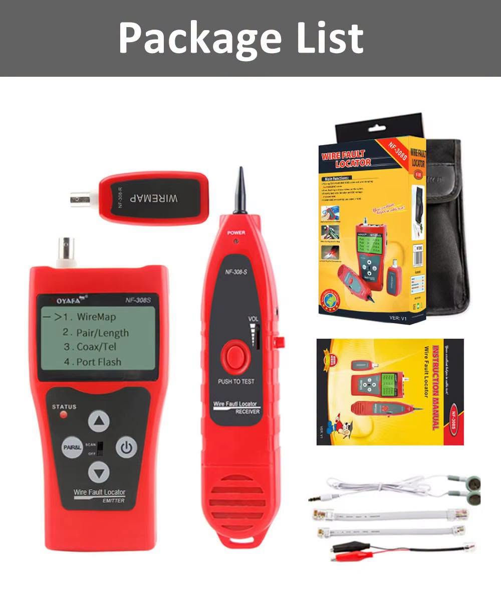 لا توجد تفاصيل

نص مكتوب في الصور:
- LCD Cable Tester Tracker Measure length and fault distance Hub blink for locating network port
- Measure Cable Length and Broken Distance. Range up to 350m, 98% accuracy! Disconnect cable at the far end. Open 12 105.3m Open 36 105.3m Open 45 105.3m Open 78 105.3m Good cable Open 12 105.3m Open 36 105.3m Open 45 30.5m Open 78 105.3m Broken cable
- Polarity testing Test polarity and DC voltage (0.5V-60V)
- Power Adaptor for Supply Power
- DC 9-12V, 500mA~2000mA
- Note: the adaptor is not included in the set.
- Lamp
- Helps work in dark environment
- Package List
- Cable Fault Testing Test open, short, cross,ect. for RJ45, RJ11, BNC cable. Test locally Test with remote