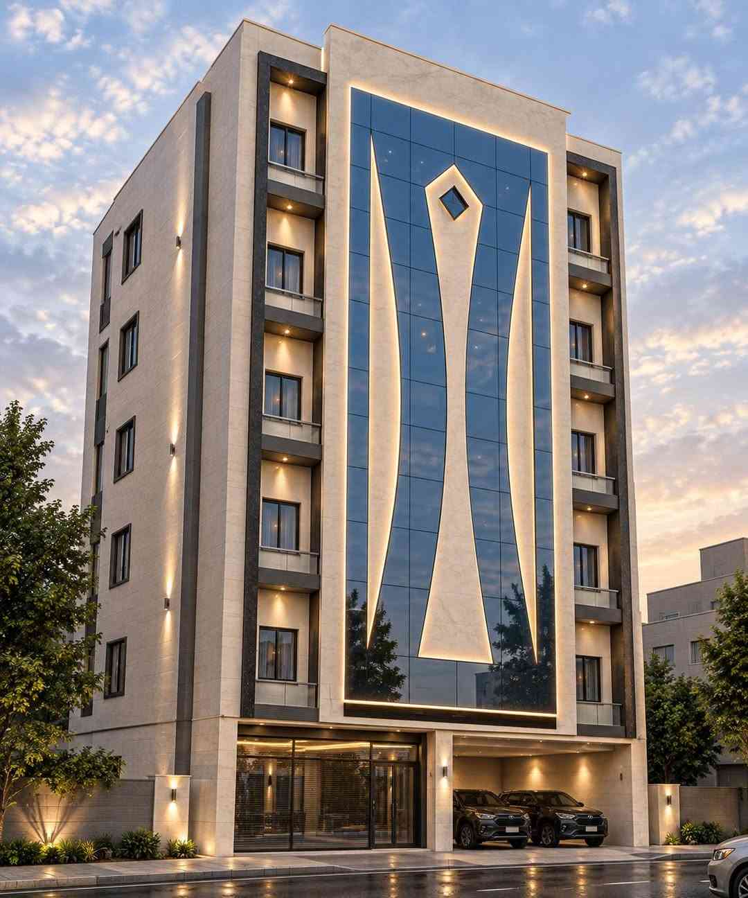 مشروع فندق حديث – منطقة العرصات، بغداد
هذه الواجهة تمثل التصميم المعماري المقترح لفندق حديث من تنفيذنا في منطقة العرصات ، بمساحة إجمالية تبلغ حوالي 2,500 متر مربع. يتميز التصميم بواجهة عصرية تجمع بين البورسلين، وزجاج الواجهات، والخطوط الهندسية والإضاءة المخفية، مع مراعاة الطابع الفندقي الفخم والوظيفي للمبنى.

للاستفسار الاتصال بناء على الرقم ***********
او زيارتنا في مكتبنا الكائن في زيونة
