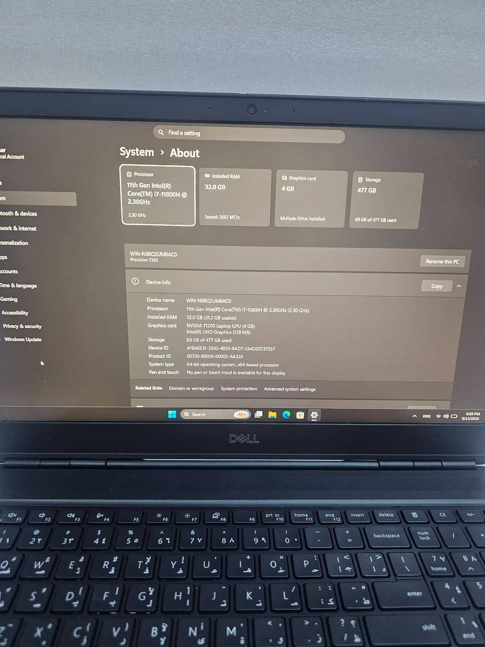 🔥 رجع توفر… ولما يرجع الـWorkstation، يرجع بمواصفات تستاهل الانتظار.
💻 Dell Precision 7560 | Workstation

━━━━━━━━━━━━━━━━━━

⚡ المواصفات:

• 🧠 Intel Core i7 – الجيل 11 | فئة H
• 🎮 NVIDIA T1200 4GB
• 💾 RAM 32GB
• 🔧 قابل للتطوير حتى 128GB
• ⚡ 4 منافذ للرام
• 🚀 SSD 512GB
• 💽 يدعم تركيب حتى 3 هاردات
• 🖥️ شاشة 15.6"

━━━━━━━━━━━━━━━━━━

💎 Workstation احترافي مصمم للشغل اللي يحتاج قوة حقيقية، من التصميم والهندسة إلى المونتاج والبرمجة والمهام الثقيلة.

🎨 تصميم وجرافيك
🏗️ هندسة وبرامج CAD و3D
🎬 مونتاج وتحرير فيديو
💻 برمجة وتطوير
📊 تعدد مهام وبرامج احترافية
⚙️ أعمال هندسية وتخصصية
🔥 مهام وشغل ثقيل

🚀 Core i7 فئة H مع NVIDIA T1200 4GB يقدمون تركيبة قوية للأعمال الاحترافية والبرامج الرسومية.

⚡ RAM 32GB مع قابلية التطوير حتى 128GB ووجود 4 منافذ للرام — مساحة كبيرة للأداء والترقية مستقبلًا.

💽 ويدعم تركيب حتى 3 هاردات، حتى تكون عندك مرونة أكبر بالتخزين والمشاريع والملفات الكبيرة.

━━━━━━━━━━━━━━━━━━

👑 Dell Precision 7560 — Workstation بمواصفات قوية، قابلية تطوير عالية، وكرت شاشة احترافي… جهاز معمول للشغل اللي يحتاج جهاز يعتمد عليه.

🔥 Core i7 الجيل 11 | فئة H | NVIDIA T1200 4GB | RAM 32GB | SSD 512GB | قابل للتطوير حتى 128GB | 3 هاردات | 15.6"

💰 سعر منافس!

🚚 توصيل لجميع محافظات العراق
🛡️ ضمان 10 أيام
📩 للاستفسار راسلونا خاص أو واتساب على ***********

نص مكتوب في الصور:
- Find a setting
- System > About
- Processor
- 11th Gen Intel(R) Core(TM) i7-11800H @ 2.30GHz
- 2.30 GHz
- Installed RAM
- 32.0 GB
- Speed: 2667 MT/s
- Graphics card
- 4 GB
- Multiple GPUs installed
- Storage
- 477 GB
- 69 GB of 477 GB used
- WIN-N88Q2UM8AC0
- Precision 7560
- Rename this PC
- Device info
- Copy
- Device name WIN-N88Q2UM8AC0
- Processor 11th Gen Intel(R) Core(TM) i7-11800H @ 2.30GHz (2.30 GHz)
- Installed RAM 32.0 GB (31.2 GB usable)
- Graphics card NVIDIA T1200 Laptop GPU (4 GB)
- Intel(R) UHD Graphics (128 MB)
- Storage 69 GB of 477 GB used
- Device ID 4FBA6E31-3342-4B59-8AD7-E84D20237057
- Product ID 00330-80000-00000-AA326
- System type 64-bit operating system, x64-based processor
- Pen and touch No pen or touch input is available for this display
- Related links Domain or workgroup System protection Advanced system settings
- Search
- 6:09 PM
- 9/13/2026