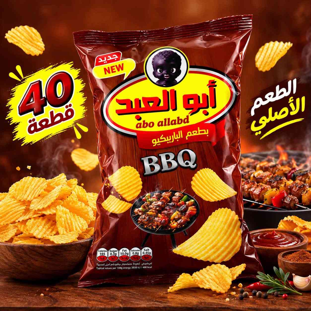 شيبس أبو العبد بكافة النكهات(14) نكهة مختلفة 
العدد : 40 قطعة داخل الكارتون
للطلب والتواصل :
*********** اتصال 
*********** واتساب

نص مكتوب في الصور:
- NEW جديد 40 قطعة الطعم الأصلي أبو العبد abo allabd بالنكهة الخاصة Special Flavor Stix أصابع مقرمشة Calories 169 8% Sugar 0.3g <1% Fat 10.0g 14% Saturates 0.8g 4% Salt 0.45g 9% Typical values per 100g: energy 2030 kJ / 488 kcal
- جديد NEW 40 قطعة الطعم الأصلي جبنة Calories 165 8% Sugar 0.3g <1% Fat 10.0g 14% Saturates 0.8g 4% Salt 0.45g 9%
- جديد NEW 40 قطعة الطعم الأصلي أبو العبد abo allabd بطعم الباربيكيو BBQ Calories 165 Sugar 0.3g Fat 10.0g Saturates 0.8g Salt 0.45g %6 %1 %14 %4 %8 قدي شرشفي تيفيمي صتشمعت وكيق فم تصير تسيبيرآ Typical values per 100g energy 2030 kJ / 486 kcal
- جديد NEW 40 قطعة الطعم الأصلي
- جديد NEW 40 قطعة أبو العبد abo allabd إطابع كركر مقرمشة الطعم الأصلي جبنة