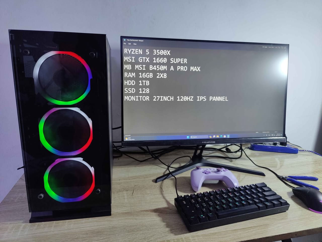 اخوان سلام عليكم
سيت اب كامل 
شاشة حجم 27 مع كيبورد وماوس وكمبيوتر 
المواصفات 
ryzen 5 3500x
msi gtx 1660 super VENTUS xs
ram  2x8 16 3200hz g.skill RGB 
msi b450m pro
hdd 1tb ssd 128gb 

الشاشة minifire ips 27inch FHD 120hz 
مع كيبورد وماوس 

مكاني بغداد الدورة 
بيها مجال حك الجية للشراي 
رقمي ***********
ما عندي توصيل بغداد, العراق

نص مكتوب في الصور:
- MSI GTX 1660 SUPER
- MB MSI B450M A PRO MAX
- RAM 16GB 2X8
- HDD 1TB
- SSD 128
- MONITOR 27INCH 120HZ IPS PANNEL