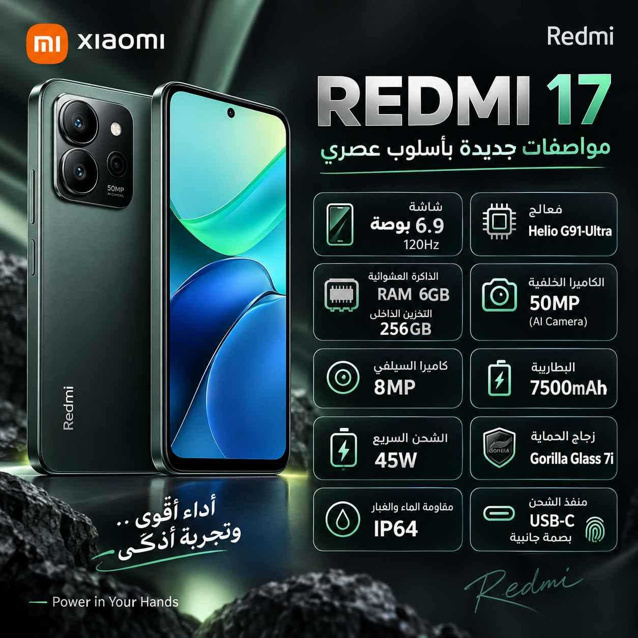 جهاز ريدمي 17 جديد
 
استخدام يوم واحد فقط ومكفول من كلشي 

الجهاز بمواصفات قويه
 
السعر 240 الف  وبيه مجال قليل للشراي 

يوجد توصيل مجاني  لكافة المحافظات 

للاستفسار مراسله الصفحه 

اتصال على الرقم واتساب  *********** عمارة, ميسان

نص مكتوب في الصور:
- Xiaomi Redmi REDMI 17 مواصفات جديدة بأسلوب عصري شاشة 6.9 بوصة 120Hz معالج Helio G91-Ultra الذاكرة العشوائية RAM 6GB التخزين الداخلي 256GB الكاميرا الخلفية 50MP (AI Camera) كاميرا السيلفي 8MP البطارية 7500mAh الشحن السريع 45W زجاج الحماية Gorilla Glass 7i مقاومة الماء والغبار IP64 منفذ الشحن USB-C بصمة جانبية أداء أقوى .. وتجربة أذكى - Power in Your Hands