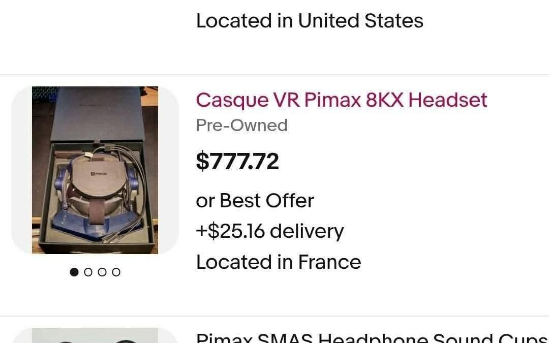 السلام عليكم شباب 
pimax vision 8k X
الدقه مالتها 8k كل عدسه 4k وياها كارتونه بدون جوستكات او حساس تشتغل مباشر بس تربطها بالحاسبه بيها حساس داخلي يتعرف على حركتك وتكدر تتحكم بالجوستك العادي والعدسه رؤيتها واسعه واوضح من الكويست 3
يمكم أسعارها بالموقع اني رايدها ب 250 وبيها مجال
متواجد واتساب ***********

نص مكتوب في الصور:
- Pimax Vision 8K X Virtual Reality Headset
- Pre-Owned
- $549.99
- or Best Offer
- Shipping not specified
- Located in United States
- 11 watchers
- Sponsored
- Casque VR Pimax 8KX Headset
- $777.72
- +$25.16 delivery
- Located in France
