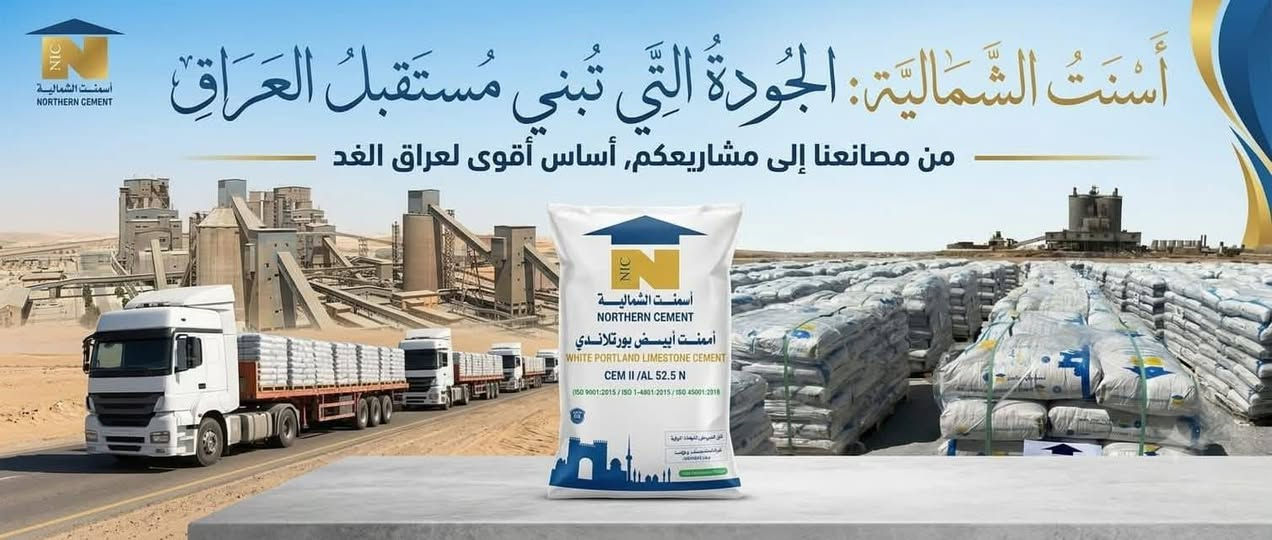 🔥 عرض قوي لاول مرة بالعراق تحمل اسمنت ابيض فل بالسايلو مباشر من المعمل 🔥
📢 إذا تستخدم سمنت أبيض بالإنتاج، هذا العرض إلك!

نوفر أسمنت الشمالـية – White Portland Limestone Cement
CEM II / AL 52.5 N 🇮🇶52.5 R

✅يتوفر تعبئة 50كغم وكذلك جامبو طن ونصف الطن 
✅ جودة ممتازة ومواصفات الاعلى 
✅ مناسب لمعامل اللواصق والكاشي والمنتجات الإسمنتية
✅ أسعار جملة ممتازة ومنافسة جدا
✅ تجهيز كميات كبيرة حسب الطلب للمعامل والتجار أسعار خاصة
✅المنتج حاصل على جميع الشهادات العالمية 

🚛 النقل والتجهيز حسب الاتفاق

📲 أي شخص يحتاج سمنت أبيض، تاجر، صاحب معمل لواصق، كاشي واصحاب السكلات ومحلات الانشائية —يتواصل ويانه مباشرة.

💰 السعر يختلف حسب الكمية، وكلما زادت الكمية يكون العرض أقوى.

لا تفوتك الفرصة… اسأل عن السعر اليوم وخلي شغلك علينا.
ذي قار قضاء النصر حي الصدرين 
***********
***********

نص مكتوب في الصور:
- أُسْمُتُ الشُّمَالِيَّة: الجُودَةُ الَّتِي تَبْنِي مُسْتَقْبَلَ العِرَاقَ من مصانعنا إلى مشاريعكم, أساس أقوى لعراق الغد
- أسمنت الشمالية.. اختيار المحترفين للديكور والتشطيبات الفاخرة! بياض ناصع، قوة فائقة، جودة عالمية
- أسمنت الشمالية - معيار الجودة للمشاريع الكبرى
- NORTHERN CEMENT - THE QUALITY STANDARD FOR PREMIER PROJECTS
- CEM II / AL 52.5 N
- قوة فائقة وأداء عالي
- ULTRA-HIGH STRENGTH &
- HIGH PERFORMANCE
- معتمد (9001, 14001, 45001)
- جودة وضمان عالمي
- ISO CERTIFIED (9001, 14001, 45001)
- - GLOBAL QUALITY & ASSURANCE
- فخر الصناعة العراقية
- PRIDE OF IRAQI INDUSTRY
- أسمنت أبيض بورتلاندي
- بياض ناصع وتشطيب مثالي
- WHITE PORTLAND CEMENT
- PURE WHITE & PERFECT FINISH
- للخرسانة الجاهزة
- والبناء الديكوري
- FOR READY-MIX & DECORATIVE CONSTRUCTION
- مطابق للمواصفات العراقية
- CONFORMS TO IRAQI SPECIFICATIONS