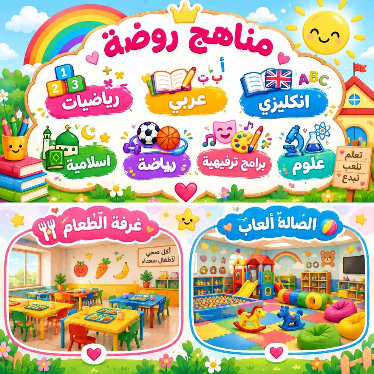 لا توجد تفاصيل

نص مكتوب في الصور:
- روضة وحضانة مشمش الاهليه
- روضة وحضانة مشمش الأهلية تبدأ التسجيل في 1 سبتمبر 2026 بيئة تعليمية آمنة وملهمة كوادر تربوية مؤهلة تنمية مهارات الطفل تعليم ممتع بالأنشطة الحديثة أمان ورعاية على مدار اليوم مميزاتنا فصول دراسية مكيفة ومجهزة الاهتمام بالتربية والتعليم والقيم أنشطة تعليمية وترفيهية متنوعة متابعة يومية مع أولياء الأمور تغذية صحية وآمنة للأطفال معلوماتنا *********** *********** العراق - بغداد حي الجامعة - شارع 14 مقابل مدرسة الهدى أوقات الدوام 7:30 صباحاً - 1:30 ظهراً روضة وحضانة مشمش الأهلية
- مناهج روضة أ ب ت عربي انکليزي رياضيات اسلامية رياضة برامج ترفيهية علوم تعلم نلعب نبدع غرفة الطعام أكل صحي لأطفال سعداء الصالة ألعاب