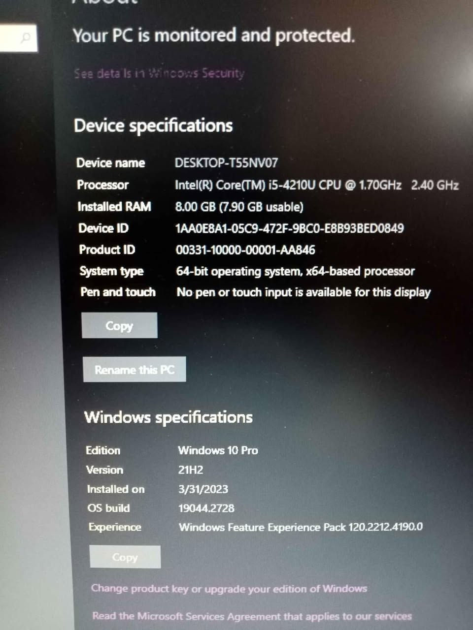 لابتوب Lenovo 
مواصفات الجهاز 
الرام 8GB
كارت الشاشه 2GB داخلي
الهارد SSD128
كور 5
جيل الرابع عمارة, ميسان

نص مكتوب في الصور:
- Your PC is monitored and protected. See details in Windows Security Device specifications Device name DESKTOP-T55NV07 Processor Intel(R) Core(TM) i5-4210U CPU @ 1.70GHz 2.40 GHz Installed RAM 8.00 GB (7.90 GB usable) Device ID 1AA0E8A1-05C9-472F-9BC0-E8B93BED0849 Product ID 00331-10000-00001-AA846 System type 64-bit operating system, x64-based processor Pen and touch No pen or touch input is available for this display Copy Rename this PC Windows specifications Edition Windows 10 Pro Version 21H2 Installed on 3/31/2023 OS build 19044.2728 Experience Windows Feature Experience Pack 120.2212.4190.0 Copy Change product key or upgrade your edition of Windows Read the Microsoft Services Agreement that applies to our services