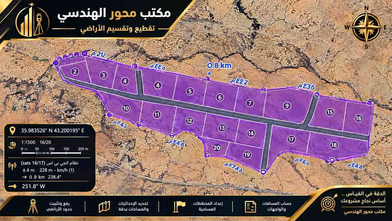 � مسح أراضي | مكتب محور الهندسي
مكتب محور الهندسي
متخصصون في أعمال المسح الهندسي ورفع الأراضي وتحديد الإحداثيات والحدود بدقة، باستخدام أجهزة وتقنيات المساحة الحديثة.

🔹 رفع وتحديد حدود الأراضي
🔹 تثبيت النقاط والإحداثيات
🔹 إعداد المخططات المساحية
🔹 تقسيم وتقطيع الأراضي
🔹 تحديد مناسيب وواجهات الأراضي

الدقة أساس العمل — مكتب محور الهندسي للتواصل على الوتساب:***********

نص مكتوب في الصور:
- مكتب محور الهندسي تقطيع وتقسيم الأراضي 38S 341906 3986208 1:1500 19/20 0 50 100 150m 232.1° W 38S 341846 3986215 3m 180.1° 358.1° أخذ 2426 1.3 m 226.8° 11.8 m 147.4° 3.8 m 74.7° 3.3 m 76.4° 38S 3419*********** m 88.4° 5.1 m 290.7° 1.3 m 189.8° 1.4 m 84.9° 1.4 m 29.0° 0.7 m 222.7° رفع وتثيث حدود الأراضي تحديد الإحداثيات والمساحات بدقة إعداد المخططات المساحية حساب المسافات والواجهات الدقة في القياس .. أساس نجاح مشروعك مكتب محور الهندسي
- مكتب محور الهندسي تقطيع وتقسيم الأراضي 35.983526° N 43.200195° E 1:1500 16/20 0 m 50 100 150 200 m نظام الجي بي اس (sats 16/17) ± 4 m 228 m - km/h (1) → 0.9 km 238.4° 251.8° W رفع وتثبيت حدود الأراضي تحديد الإحداثيات والمساحات بدقة إعداد المخططات المساحية حساب المسافات والواجهات الدقة في القياس .. أساس نجاح مشروعك مكتب محور الهندسي 2 3 4 4 5 6 7 9 15 16 10 11 12 13 14 17 18 20 19 212 م 440 م 0.8 km 22 م 36 م F43 م E4A م F7A م F60 م E4A م