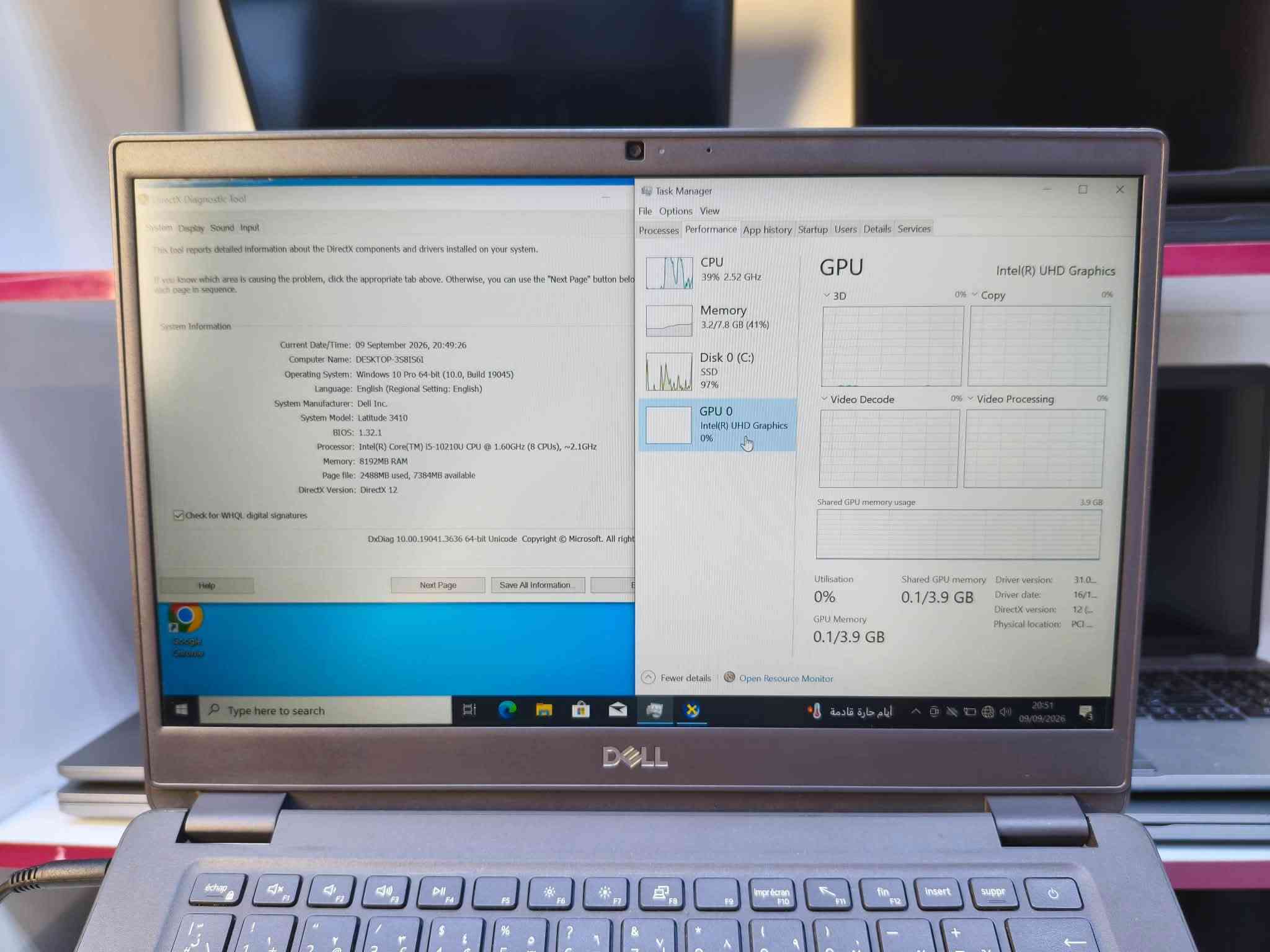 السلام عليكم لابتوب Dell  ليتيديو 3410
مواصفات راقية كللش السوك صاعد بس هاي سعر فول ومواصفات فول لكن بيهة بعض الاضرار البسيطة كللش بالكفر متاثر مواصفاتهة بالصور  رايدهة ب 265 الف بغداد الامين الثانية نواب الضباط قرب مركز شرطة الامين 
***********

نص مكتوب في الصور:
- DirectX Diagnostic Tool
- System Display Sound Input
- This tool reports detailed information about the DirectX components and drivers installed on your system.
- If you know which area is causing the problem, click the appropriate tab above. Otherwise, you can use the "Next Page" button below to go to each page in sequence.
- System Information
- Current Date/Time: 09 September 2026, 20:49:26
- Computer Name: DESKTOP-3S8IS61
- Operating System: Windows 10 Pro 64-bit (10.0, Build 19045)
- Language: English (Regional Setting: English)
- System Manufacturer: Dell Inc.
- System Model: Latitude 3410
- BIOS: 1.32.1
- Processor: Intel(R) Core(TM) i5-10210U CPU @ 1.60GHz (8 CPUs), ~2.1GHz
- Memory: 8192MB RAM
- Page file: 2488MB used, 7384MB available
- DirectX Version: DirectX 12
- Check for WHQL digital signatures
- Help
- Next Page
- Save All Information...
- DxDiag 10.00.19041.3636 64-bit Unicode Copyright © Microsoft. All right
- Task Manager
- File Options View
- Processes Performance App history Startup Users Details Services
- CPU
- 39% 2.52 GHz
- Memory
- 3.2/7.8 GB (41%)
- Disk 0 (C:)
- SSD
- 97%
- GPU 0
- Intel(R) UHD Graphics
- 0%
- GPU
- 3D
- Copy
- Video Decode
- Video Processing
- Shared GPU memory usage
- 3.9 GB
- Utilisation
- GPU Memory
- 0.1/3.9 GB
- Shared GPU memory
- Driver version:
- Driver date:
- DirectX version:
- Physical location:
- 31.0...
- 16/1...
- 12 (...
- PCI ...
- Fewer details
- Open Resource Monitor
- Type here to search
- أيام حارة قادمة
- 20:51
- 09/09/2026