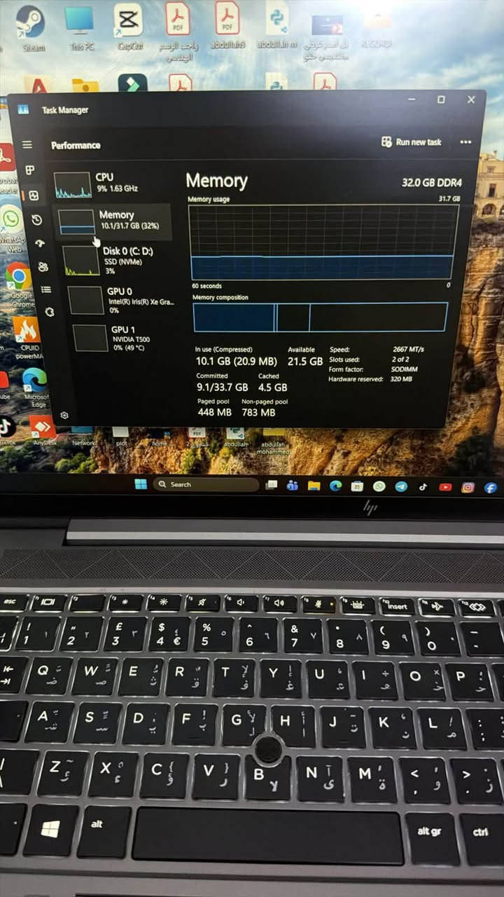 السلام عليكم لابتوب HB ZBOOK حجم الشاشه 15.6 

• المعالج: Intel Core i7-1165G7
• عدد الأنوية والمشارات: 4Cores / 8Threads - 12MB Cache
• الرام: 32GB DDR4
• التخزين: 512GB NVMe SSD (SK hynix)
• كرت الشاشة المنفصل: NVIDIA T500 (4GB)
• كرت الشاشة المدمج: Intel Iris Xe Graphics
السعر 850 الف مكاني بغداد الغدير 
تواصل ***********

نص مكتوب في الصور:
- Task Manager
- Performance
- CPU
- 9% 1.63 GHz
- Memory
- 10.1/31.7 GB (32%)
- Disk 0 (C: D:)
- SSD (NVMe)
- 3%
- GPU 0
- Intel(R) Iris(R) Xe Gra...
- 0%
- GPU 1
- NVIDIA T500
- 0% (49 °C)
- 32.0 GB DDR4
- 31.7 GB
- Memory usage
- 60 seconds
- Memory composition
- In use (Compressed)
- 10.1 GB (20.9 MB)
- Available
- 21.5 GB
- Speed:
- 2667 MT/s
- Slots used:
- 2 of 2
- Form factor:
- SODIMM
- Committed
- 9.1/33.7 GB
- Cached
- 4.5 GB
- Hardware reserved:
- 320 MB
- Paged pool
- 448 MB
- Non-paged pool
- 783 MB
- Run new task
- Search
- Task Manager Performance Run new task CPU 6% 2.11 GHz Memory 10.1/31.7 GB (32%) Disk 0 (C: D:) SSD (NVMe) 4% GPU 0 Intel(R) Iris(R) Xe Gra... 0% GPU 1 NVIDIA T500 0% (49 °C) CPU 11th Gen Intel(R) Core(TM) i7-1165G7 @ 2.80GHz % Utilization 100% 60 seconds 0 Utilization 6% Speed 2.11 GHz Base speed: 2.80 GHz Sockets: 1 Cores: 4 Processes Threads Handles Logical processors: 8 275 4790 123874 Virtualization: Enabled Up time L1 cache: 320 KB 11:01:55:19 L2 cache: 5.0 MB L3 cache: 12.0 MB Search Steam This PC CapCut PDF PDF m abdullah abdullah m في السعر عرضى ... واجب الرسم الهندسي مصطفى يحيى حقوق A Anydesk Network plot home 2 مشروع abdullah abdullah mohammed
- Steam This PC CapCut واجب الرسم الهندسي abdullah abdullah m من ااسمر عرضي تسجيل شاشق RECORD Task Manager Performance Run new task CPU 19% 2.81 GHz Memory 10.1/31.7 GB (32%) Disk 0 (C: D:) SSD (NVMe) 2% GPU 0 Intel(R) Iris(R) Xe Gra... 0% GPU 1 NVIDIA T500 0% (49 °C) Disk 0 (C: D:) SK hynix PC711 HFS512GDE9X073N Active time 100% 60 seconds Disk transfer rate 100 MB/s 60 MB/s 60 seconds Active time 2% Average response time 2.5 ms Read speed 205 KB/s Write speed 754 KB/s Capacity: 477 GB Formatted: 477 GB System disk: Yes Page file: Yes Type: SSD (NVMe) WhatsApp Web Google Chrome CPUID powerMA Microsoft Edge AnyDesk network plot home pdf abdullah abdullah mohammed Q Search
- 15% 1.84 GHz
- 10.4/31.7 GB (33%)
- 5%
- 0% (47 °C)
- GPU
- Intel(R) Iris(R) Xe Graphics
- 3D
- Copy
- Video Decode
- Video Processing
- Shared GPU memory
- 15.8 GB
- Utilization
- GPU Memory
- 0.6/15.8 GB
- Driver version:
- Driver date:
- DirectX version:
- Physical location:
- 32.0.101.7084
- 1/15/2026
- 12 (FL 12.1)
- PCI bus 0, devic...